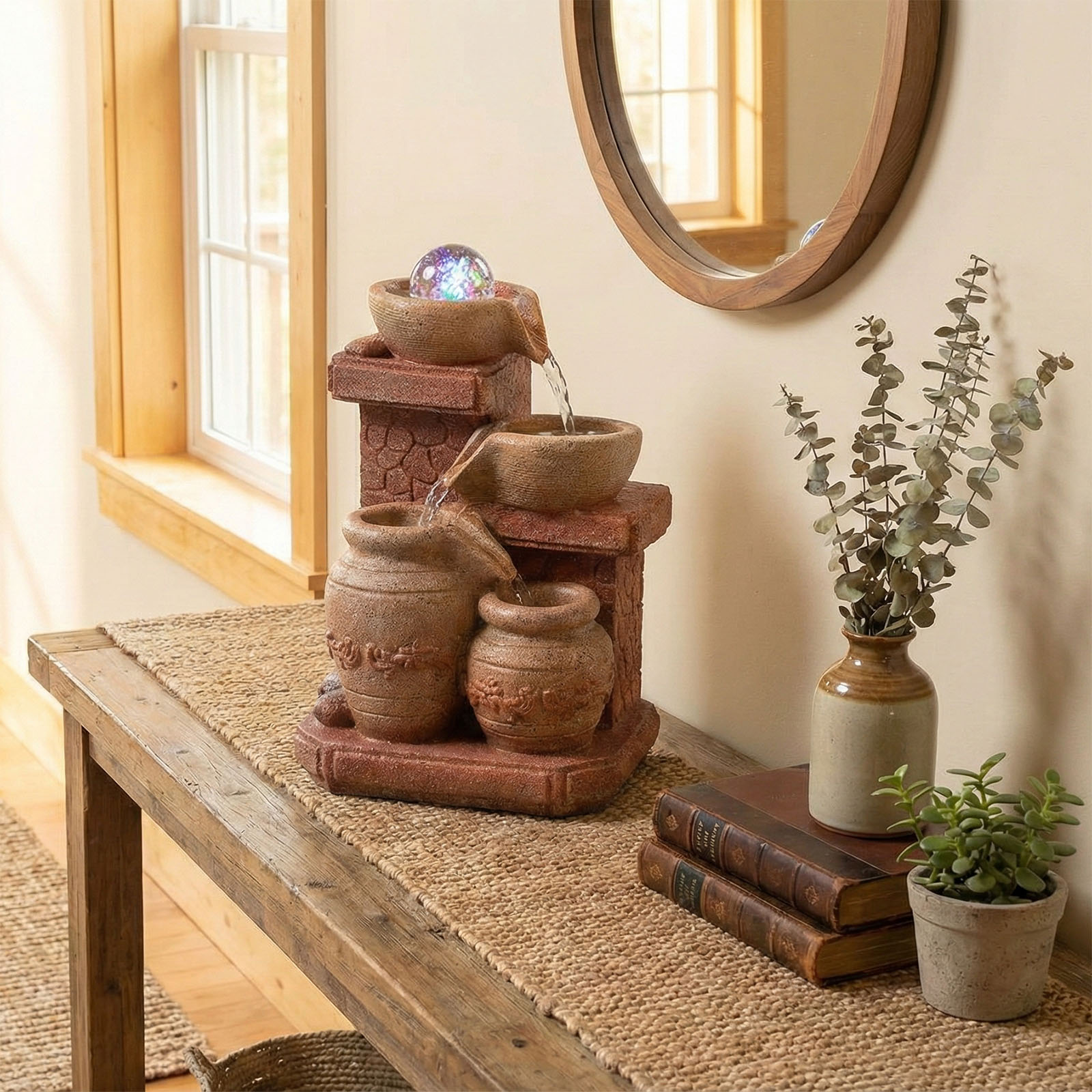 Mediterranean Cascading Pots Indoor Water Feature with LED (27cm)3