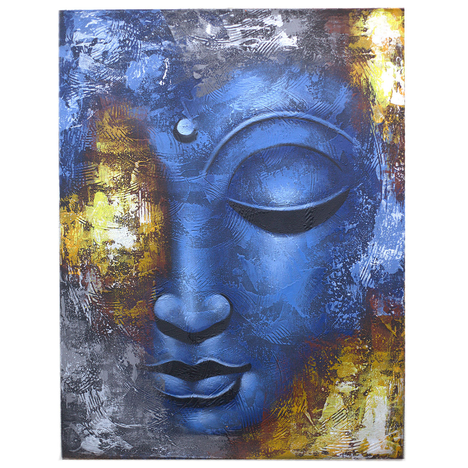 Large Hand-Painted Abstract Blue Buddha Canvas Wall Art - 80cm x 60cm