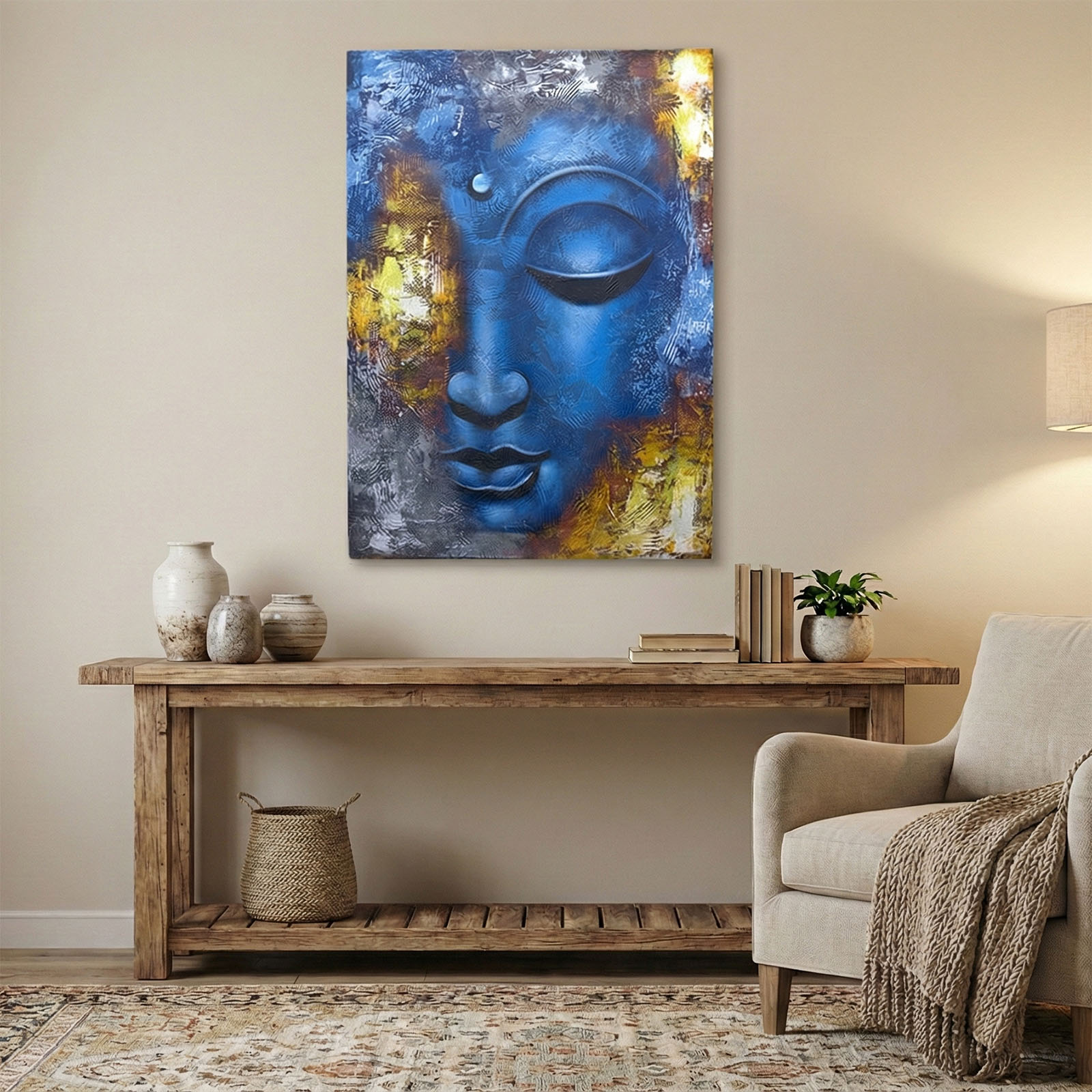 Large Hand-Painted Abstract Blue Buddha Canvas Wall Art - 80cm x 60cm2