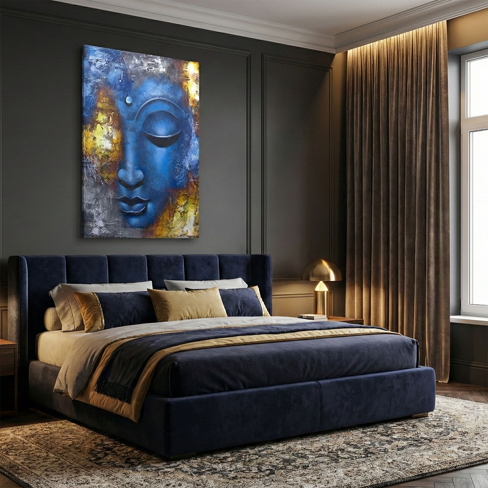Large Hand-Painted Abstract Blue Buddha Canvas Wall Art - 80cm x 60cm6