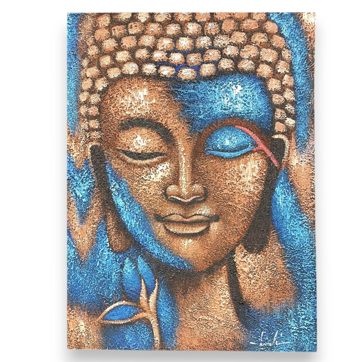 Hand-Painted Bronze Buddha & Blue Flower Canvas Wall Art - 75cm x 55cm