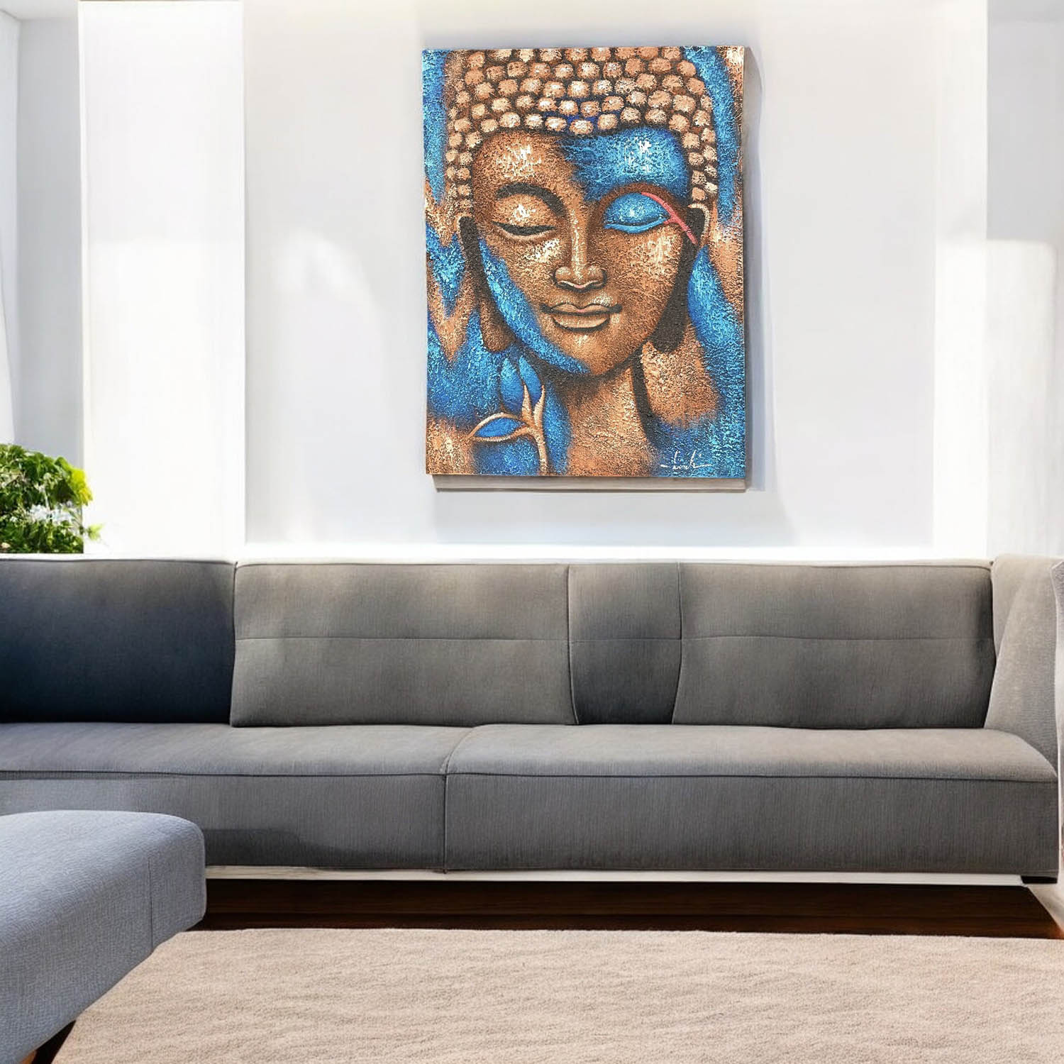 Hand-Painted Bronze Buddha & Blue Flower Canvas Wall Art - 75cm x 55cm1