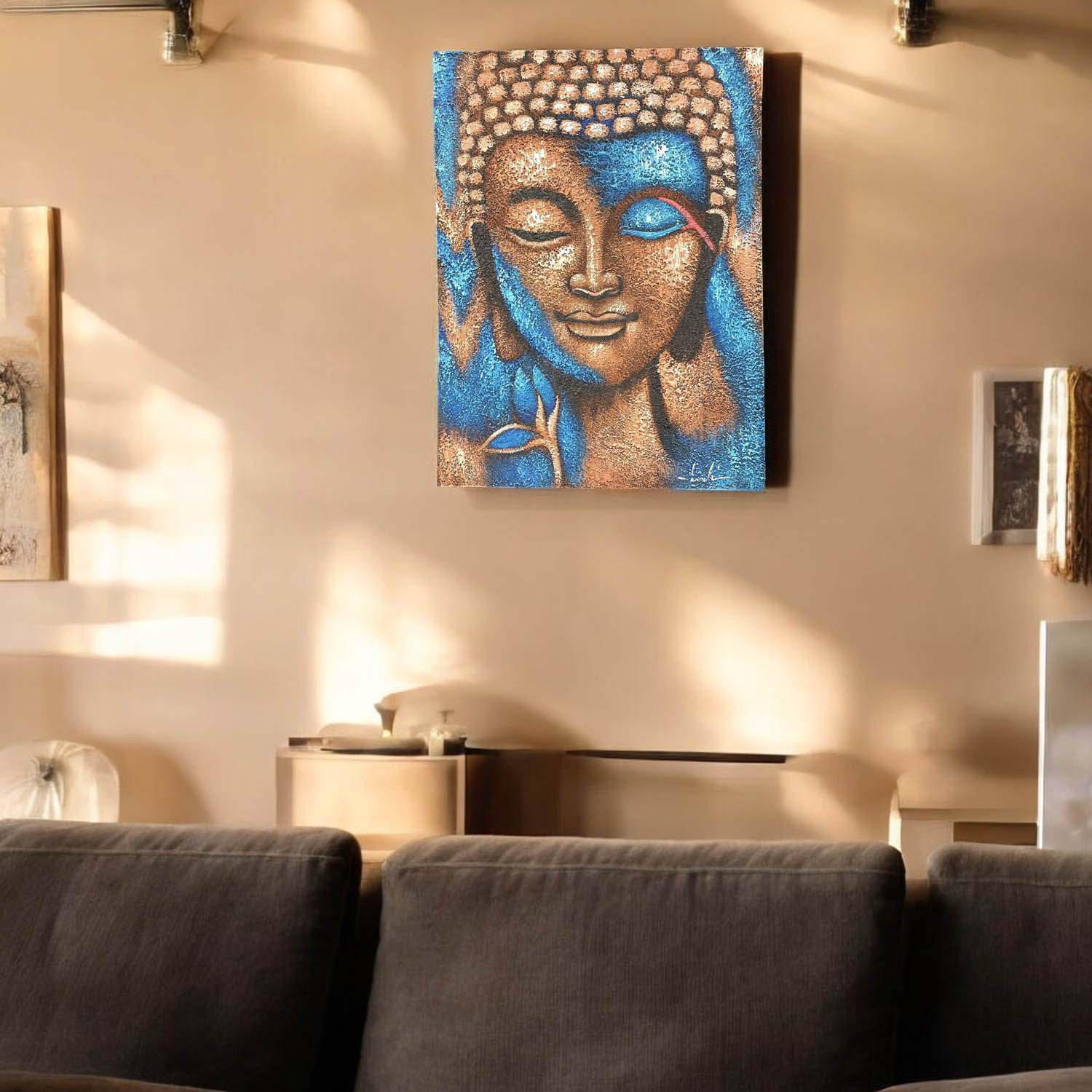 Hand-Painted Bronze Buddha & Blue Flower Canvas Wall Art - 75cm x 55cm2