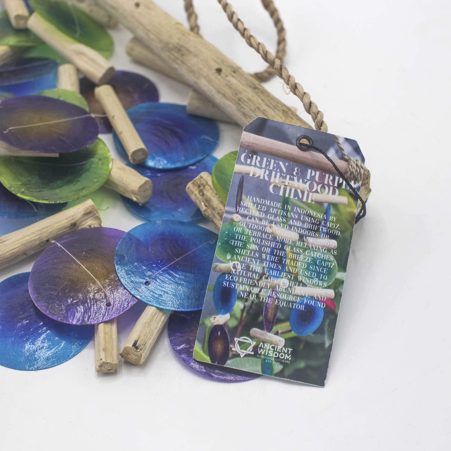 Green & Purple Driftwood Capiz Cross Chime2