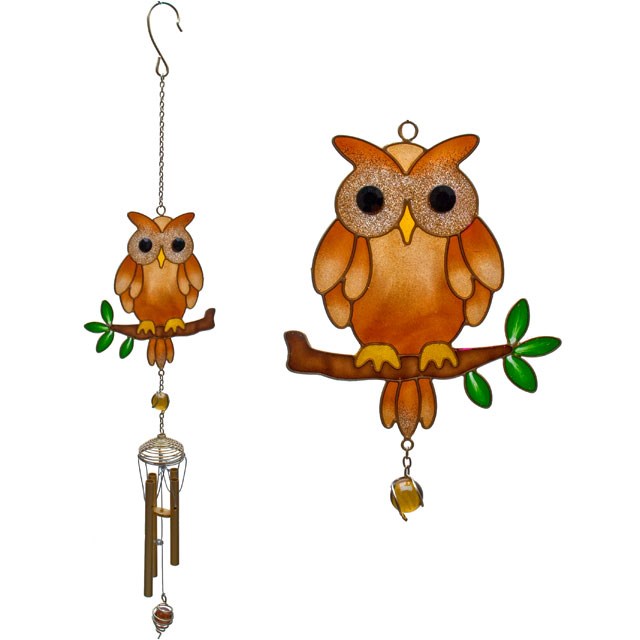 Stained Glass Style Brown Owl Windchime