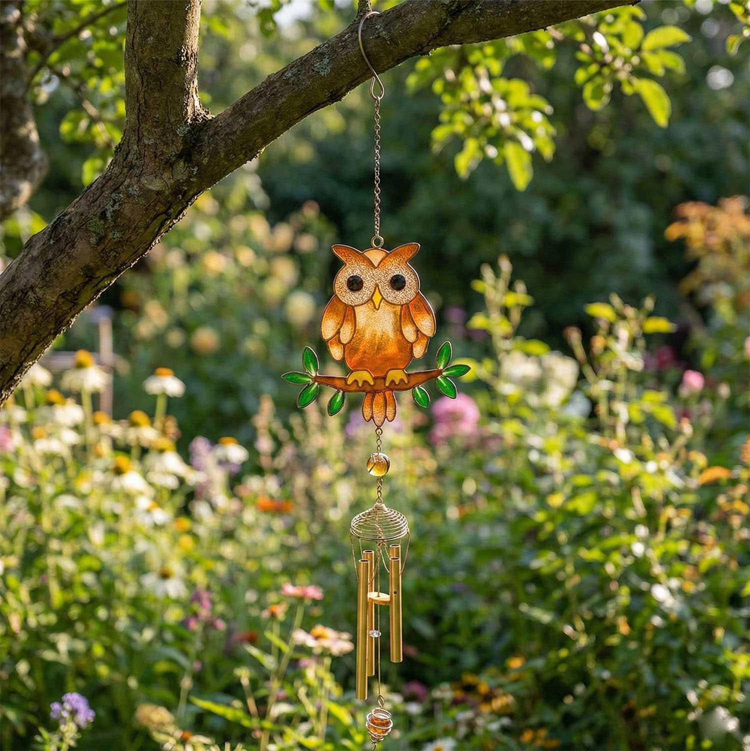Stained Glass Style Brown Owl Windchime1