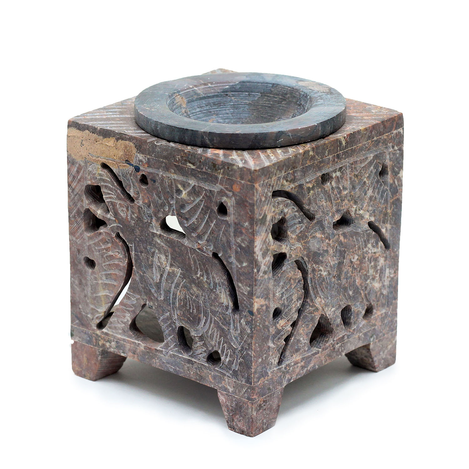 Hand-Carved Square Soapstone Elephant Oil Burner & Wax Warmer