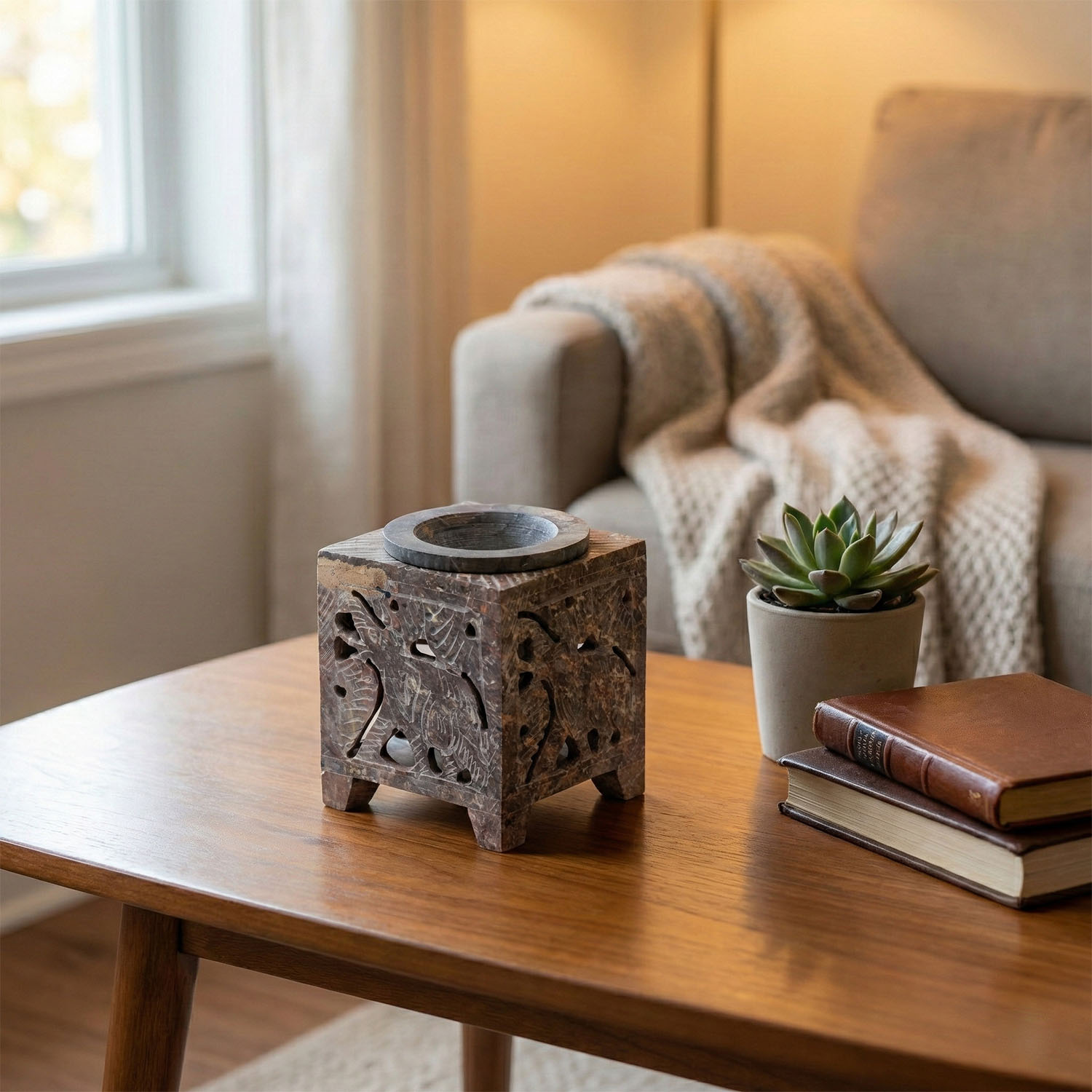 Hand-Carved Square Soapstone Elephant Oil Burner & Wax Warmer2
