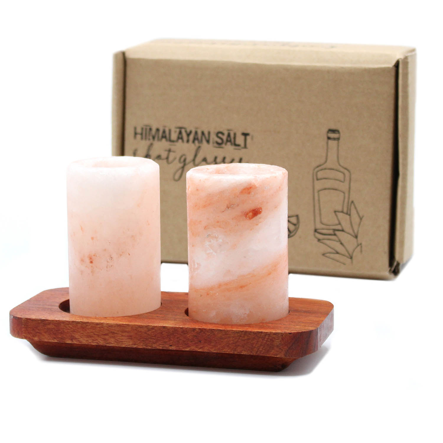 Set of 2 Himalayan Salt Shot Glasses with Acacia Wood Serving Board