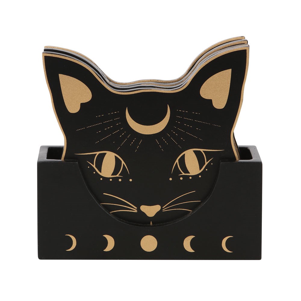 Mystical Black Cat Face Coaster Set (4 Pack)
