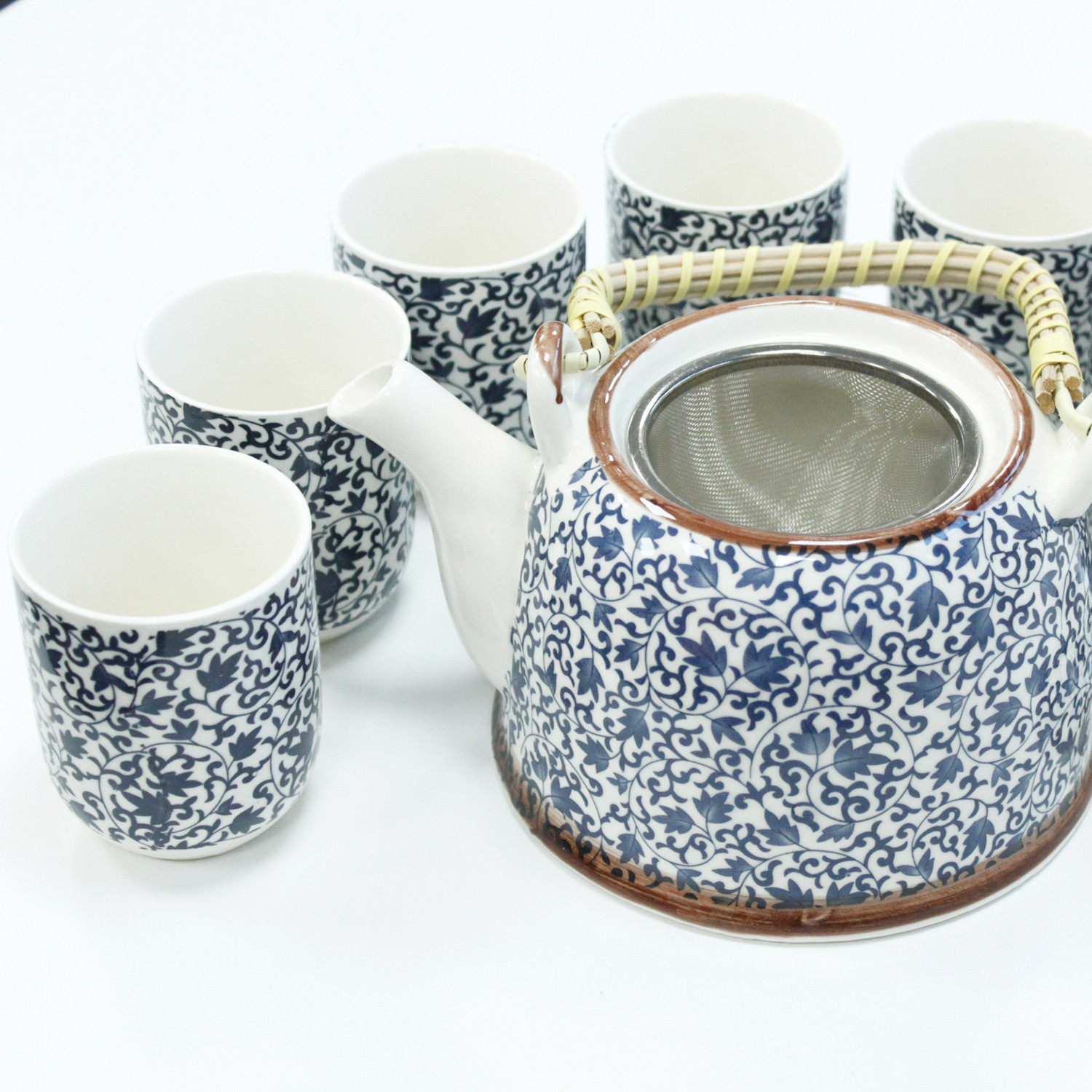 Blue Floral Ceramic Herbal Teapot Set with 6 Cups