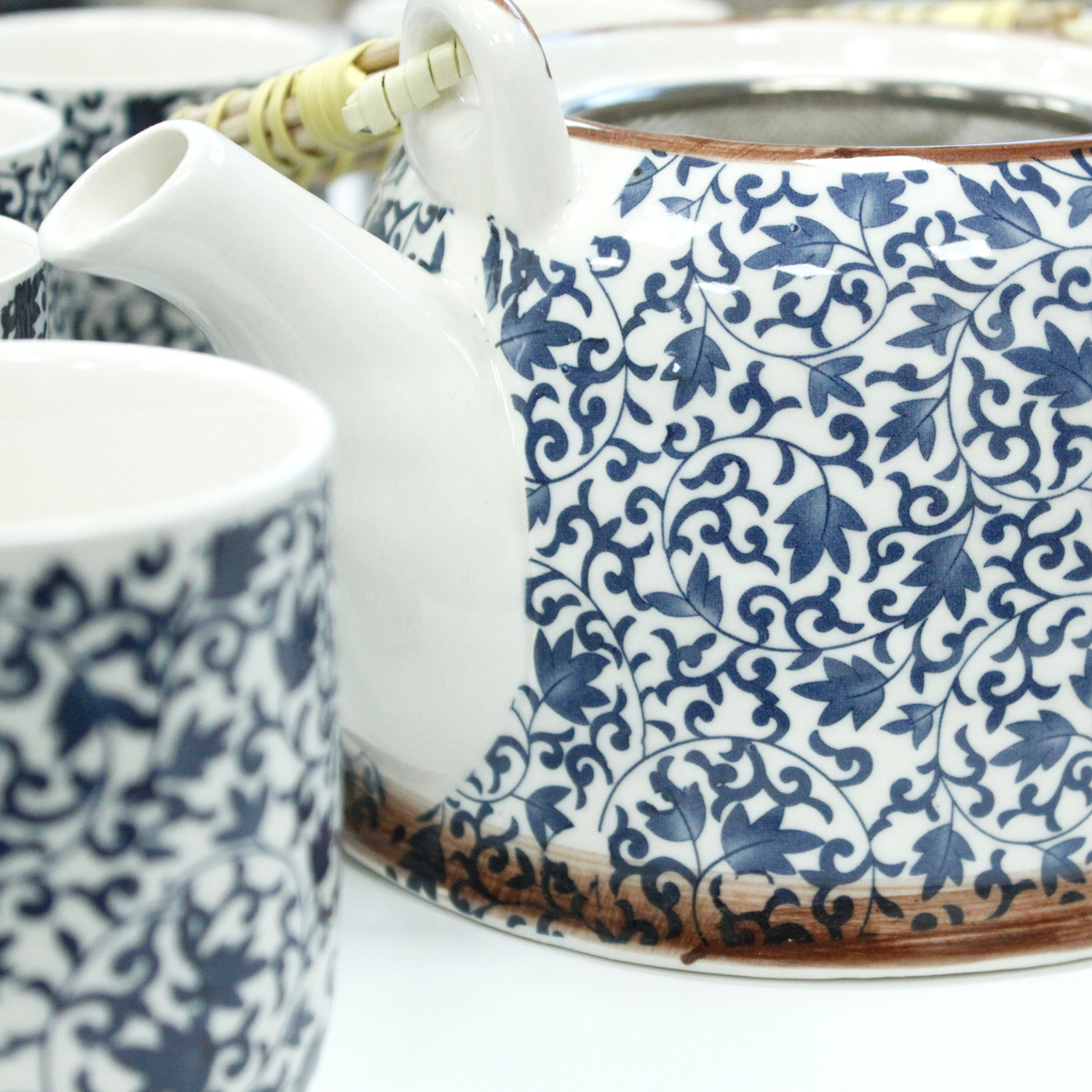 Blue Floral Ceramic Herbal Teapot Set with 6 Cups3