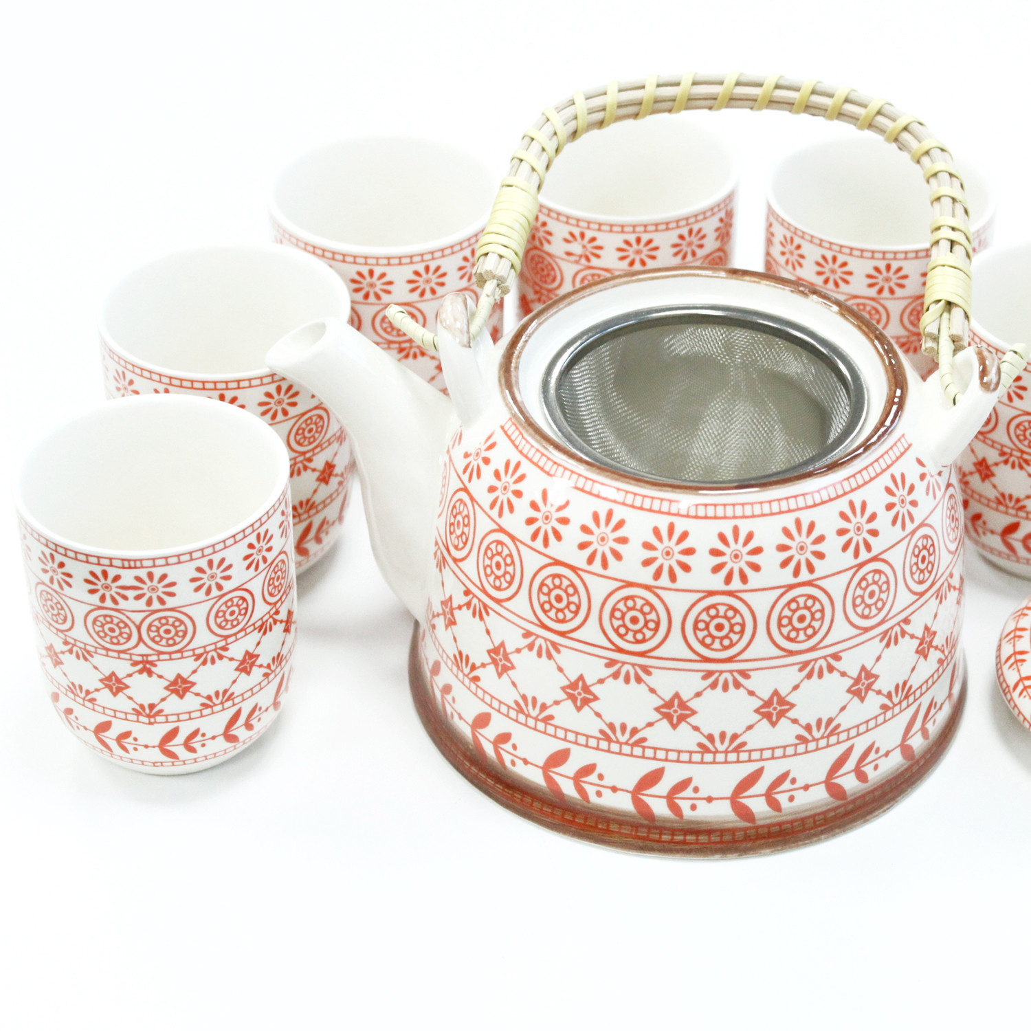 Terracotta Floral Ceramic Herbal Teapot Set with 6 Cups