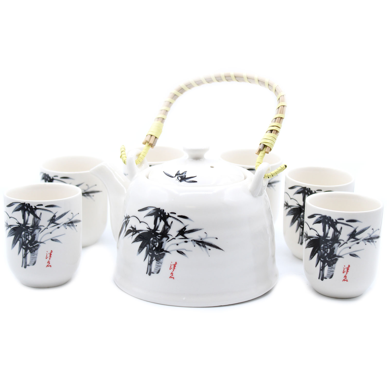 White Stone Oriental Ceramic Herbal Teapot Set with 6 Cups
