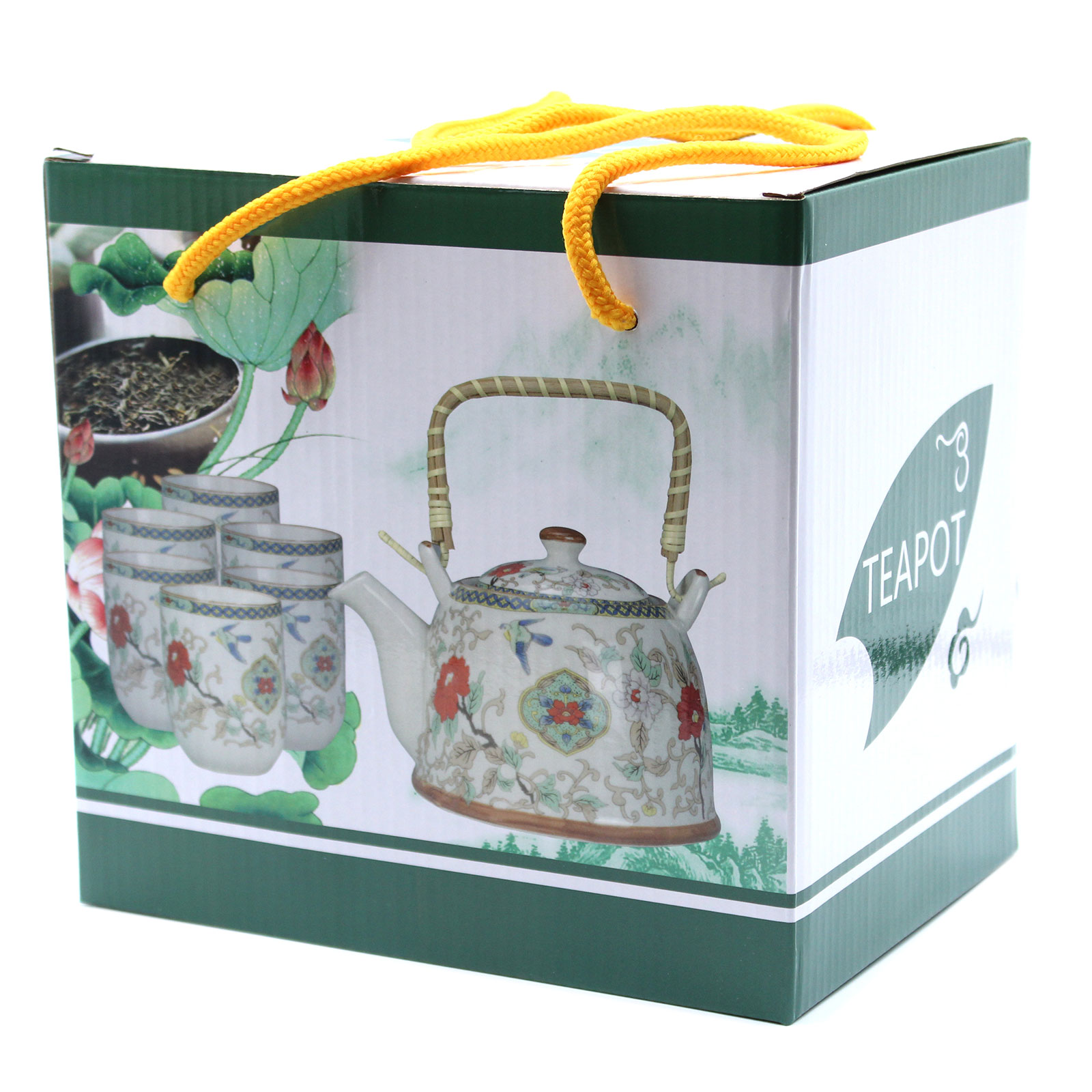 White Stone Oriental Ceramic Herbal Teapot Set with 6 Cups3