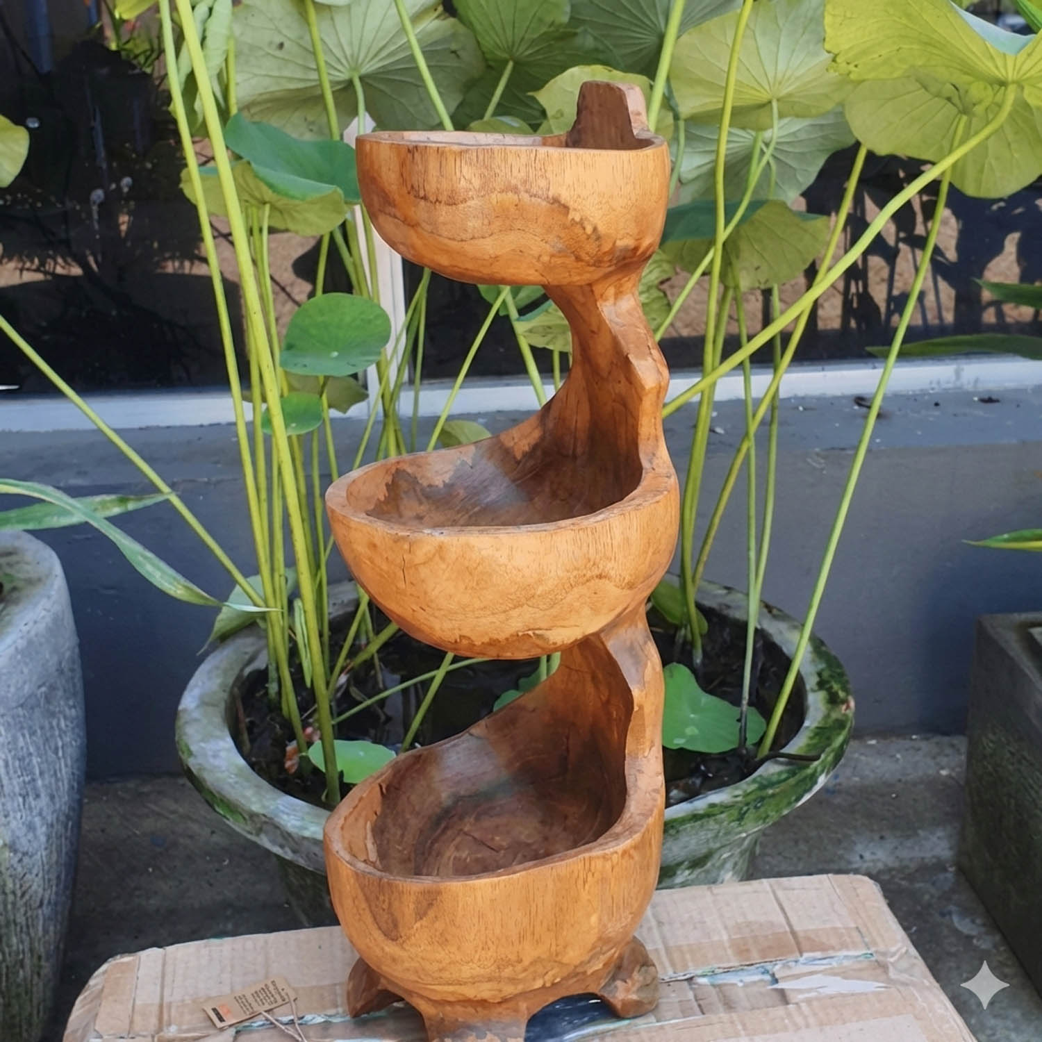Handmade 50cm Standing Teak Root Three-Tier Bowl1