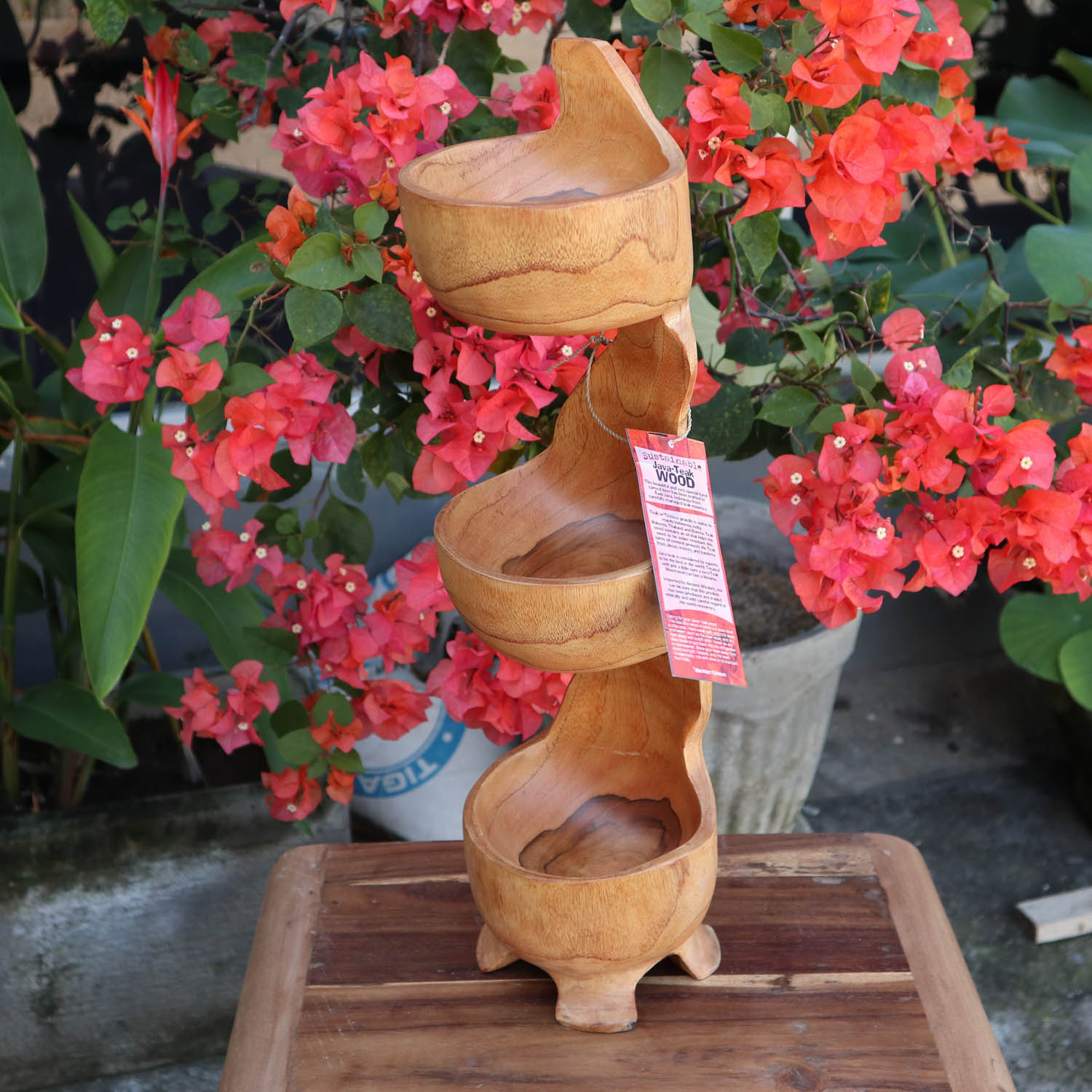 Handmade 50cm Standing Teak Root Three-Tier Bowl2