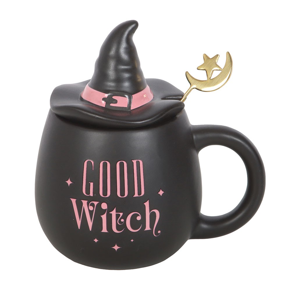 Good Witch Ceramic Lidded Mug with Hat & Gold Moon Spoon