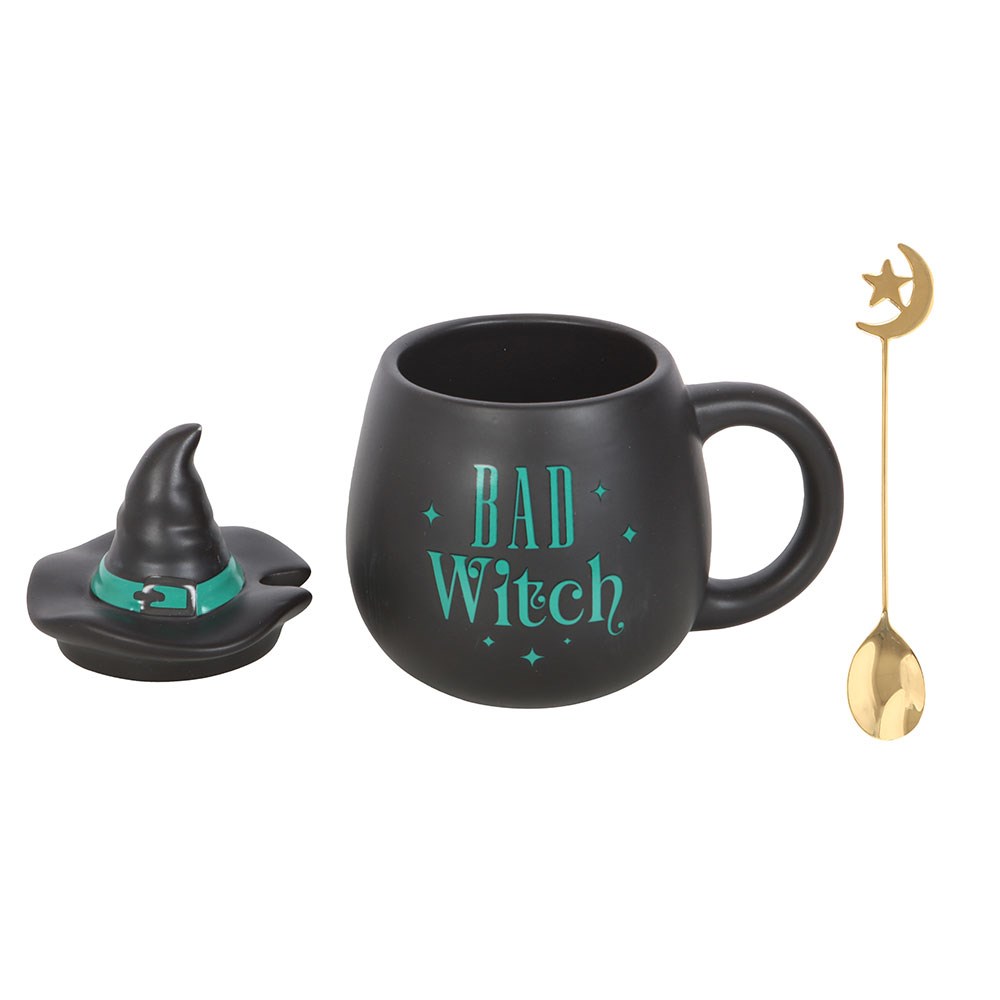 Bad Witch Ceramic Lidded Mug with Hat & Gold Moon Spoon1