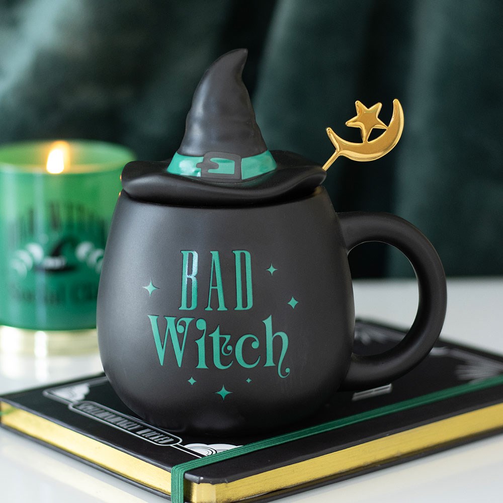Bad Witch Ceramic Lidded Mug with Hat & Gold Moon Spoon4