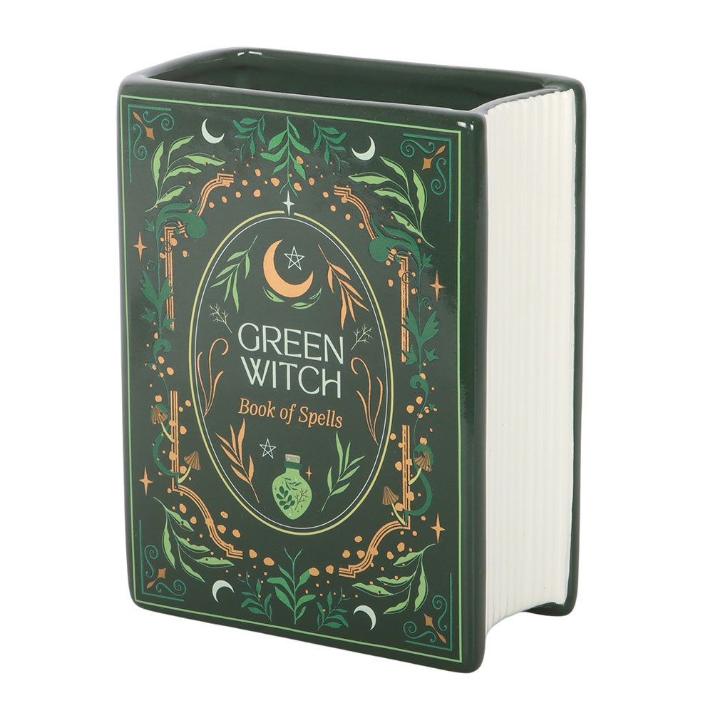 Green Witch Book of Spells Shaped Ceramic Vase