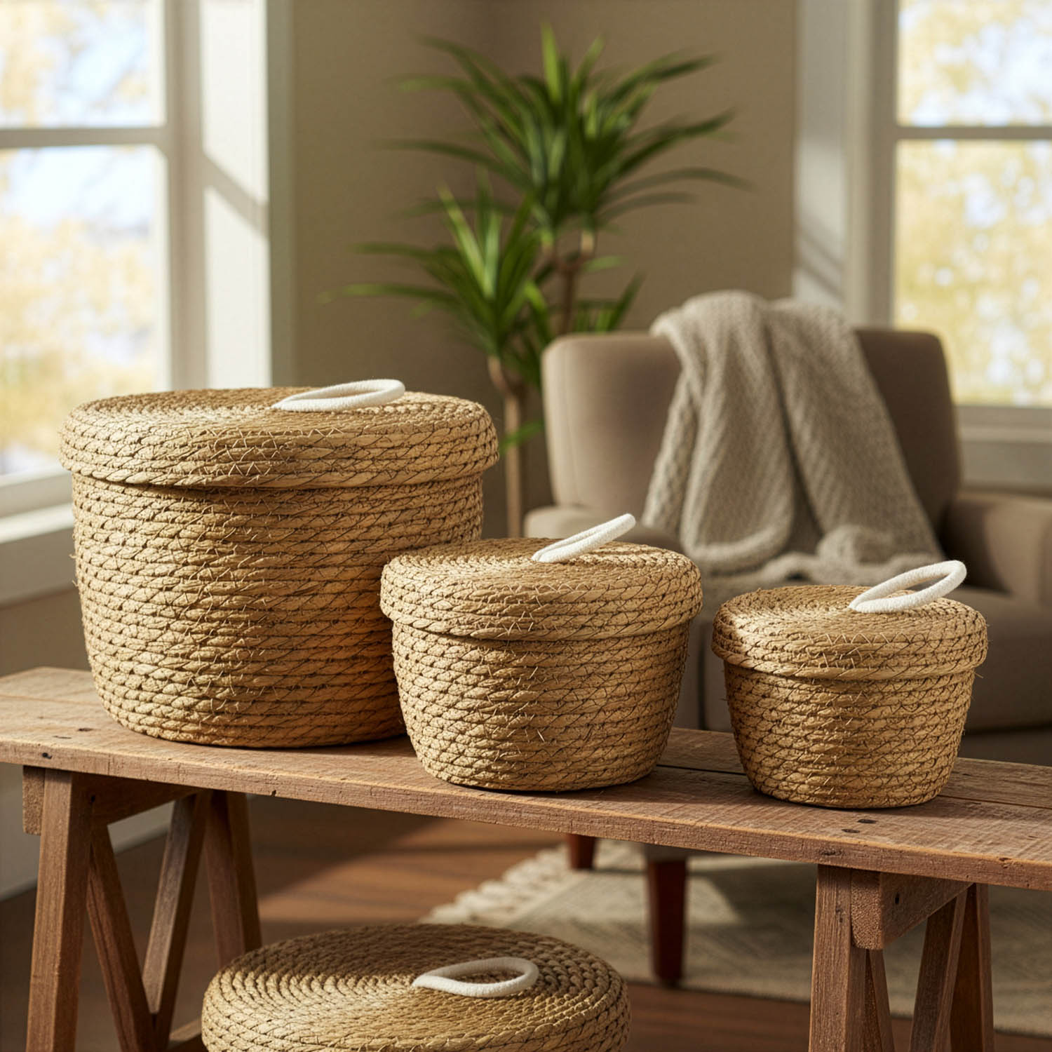 Set of 3 Natural Seagrass Round Storage Baskets with Lids8