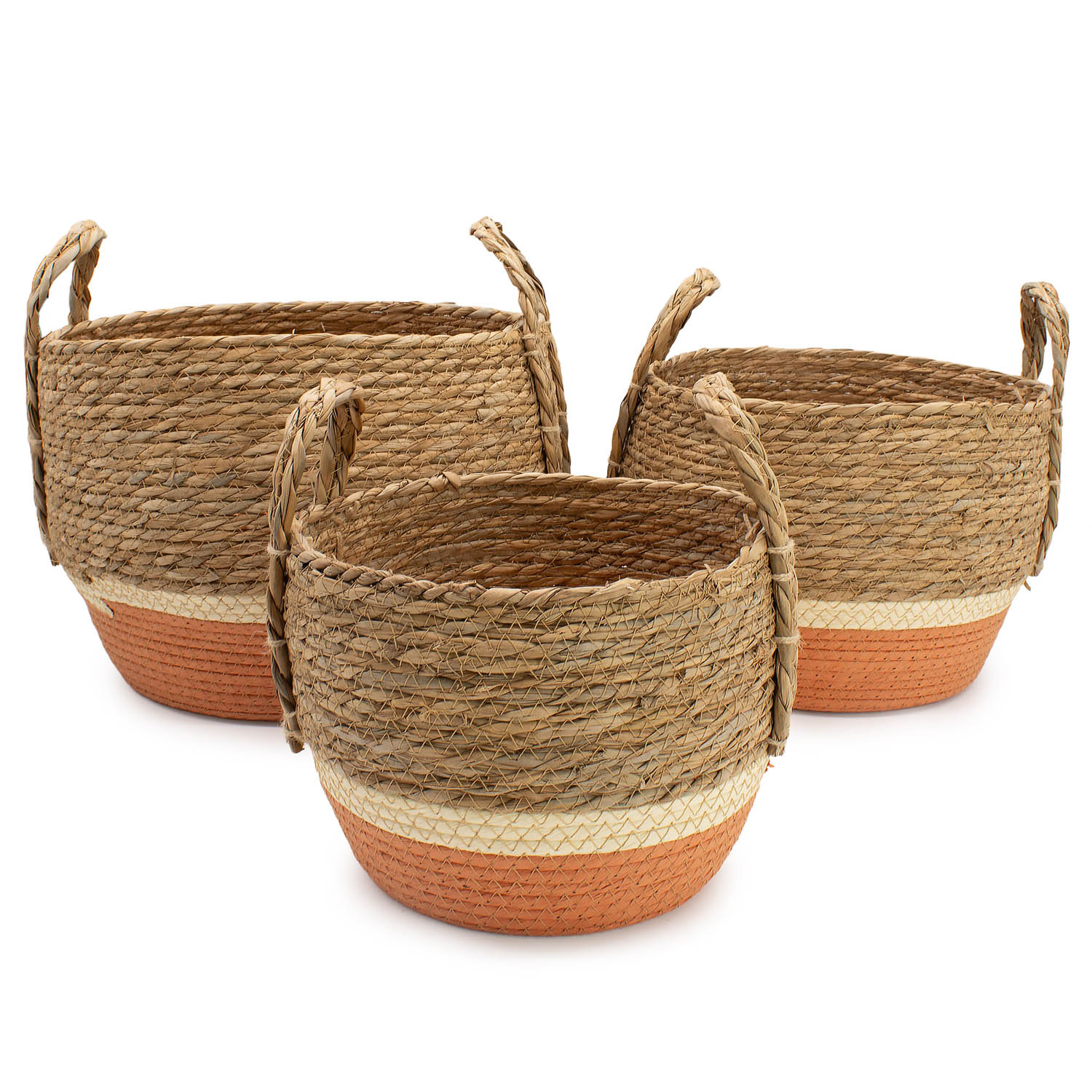 Set of 3 Natural & Orange Woven Seagrass Storage Baskets