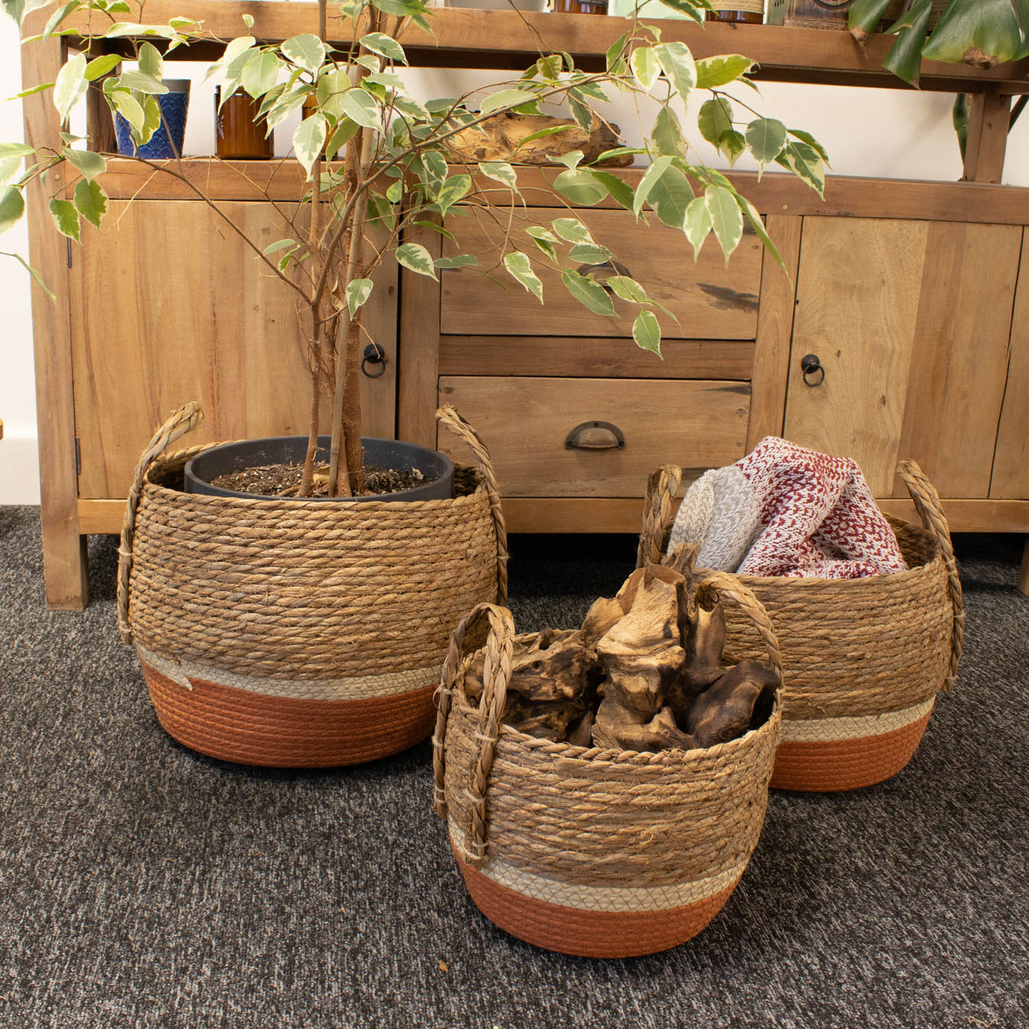 Set of 3 Natural & Orange Woven Seagrass Storage Baskets7
