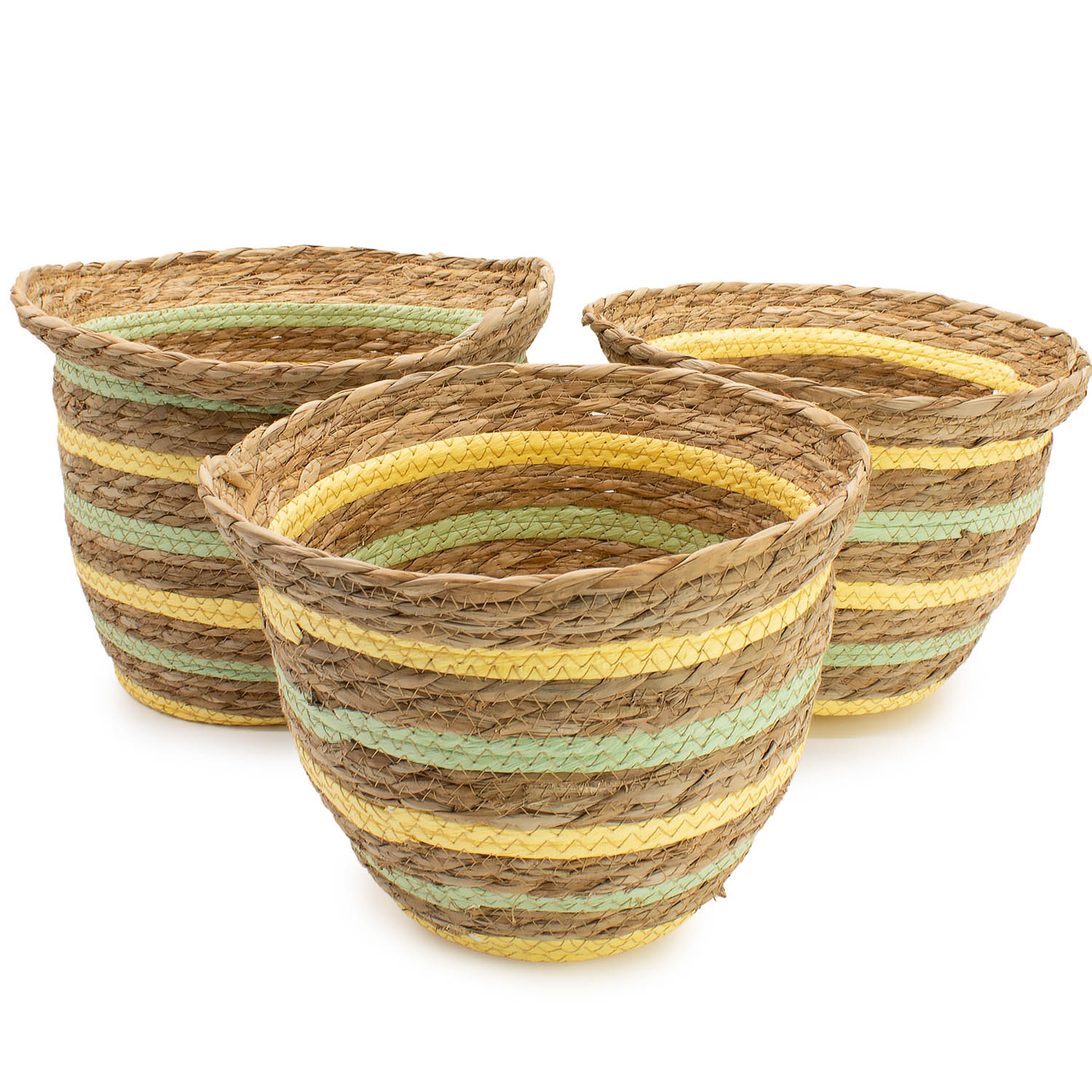 Set of 3 Yellow & Green Striped Seagrass Storage Baskets