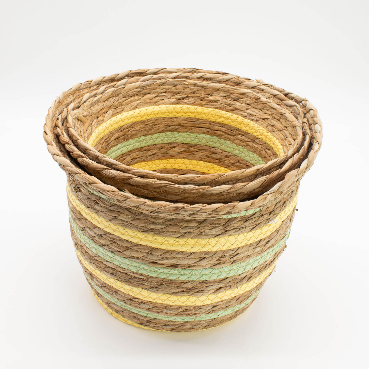Set of 3 Yellow & Green Striped Seagrass Storage Baskets1