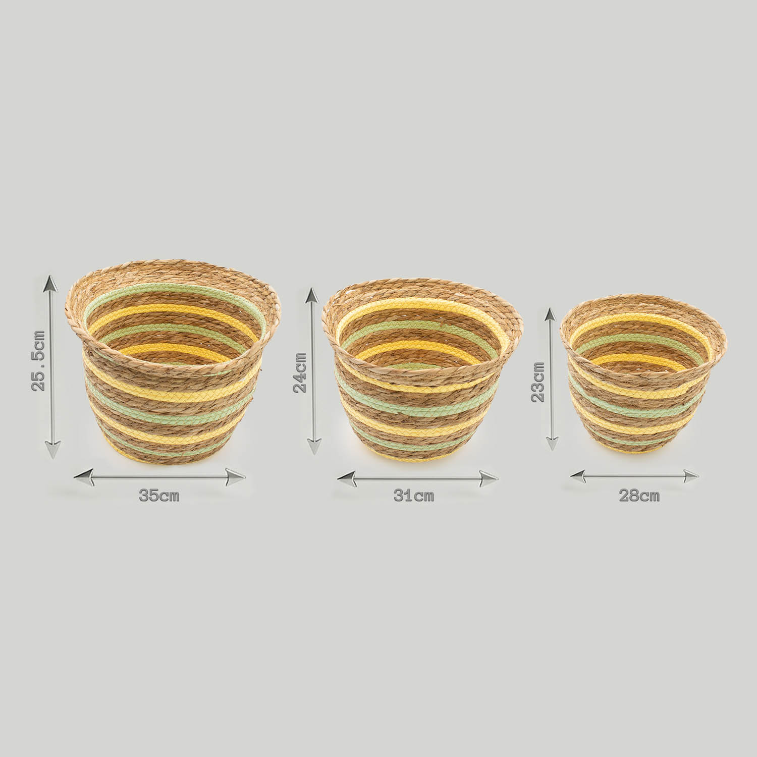 Set of 3 Yellow & Green Striped Seagrass Storage Baskets5
