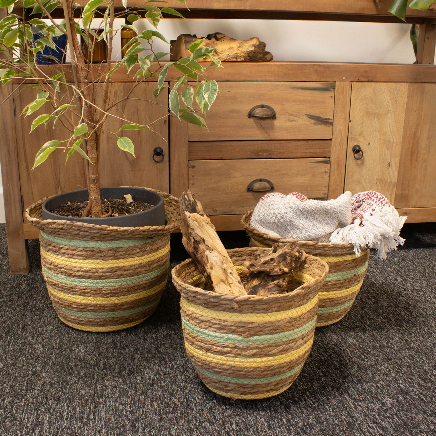 Set of 3 Yellow & Green Striped Seagrass Storage Baskets7