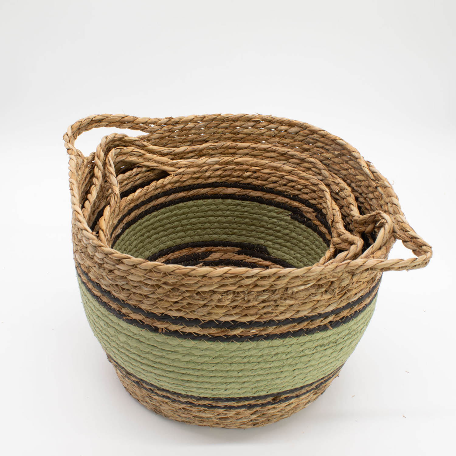 Set of 3 Green & Black Striped Cotton & Seagrass Storage Baskets1