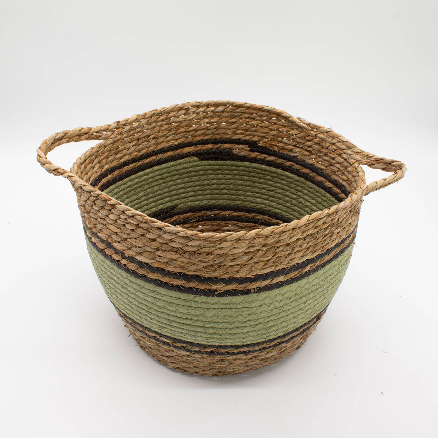 Set of 3 Green & Black Striped Cotton & Seagrass Storage Baskets2