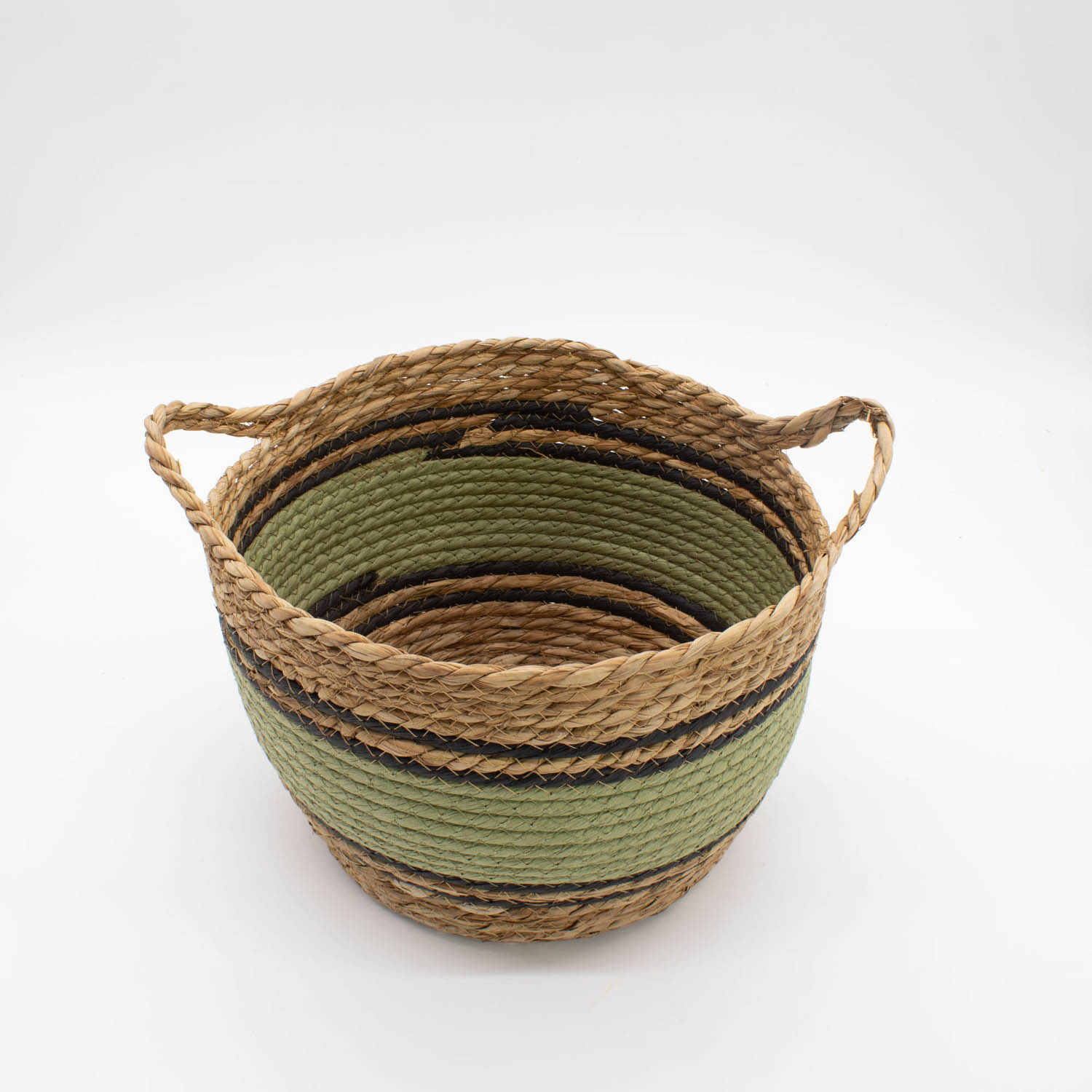 Set of 3 Green & Black Striped Cotton & Seagrass Storage Baskets3