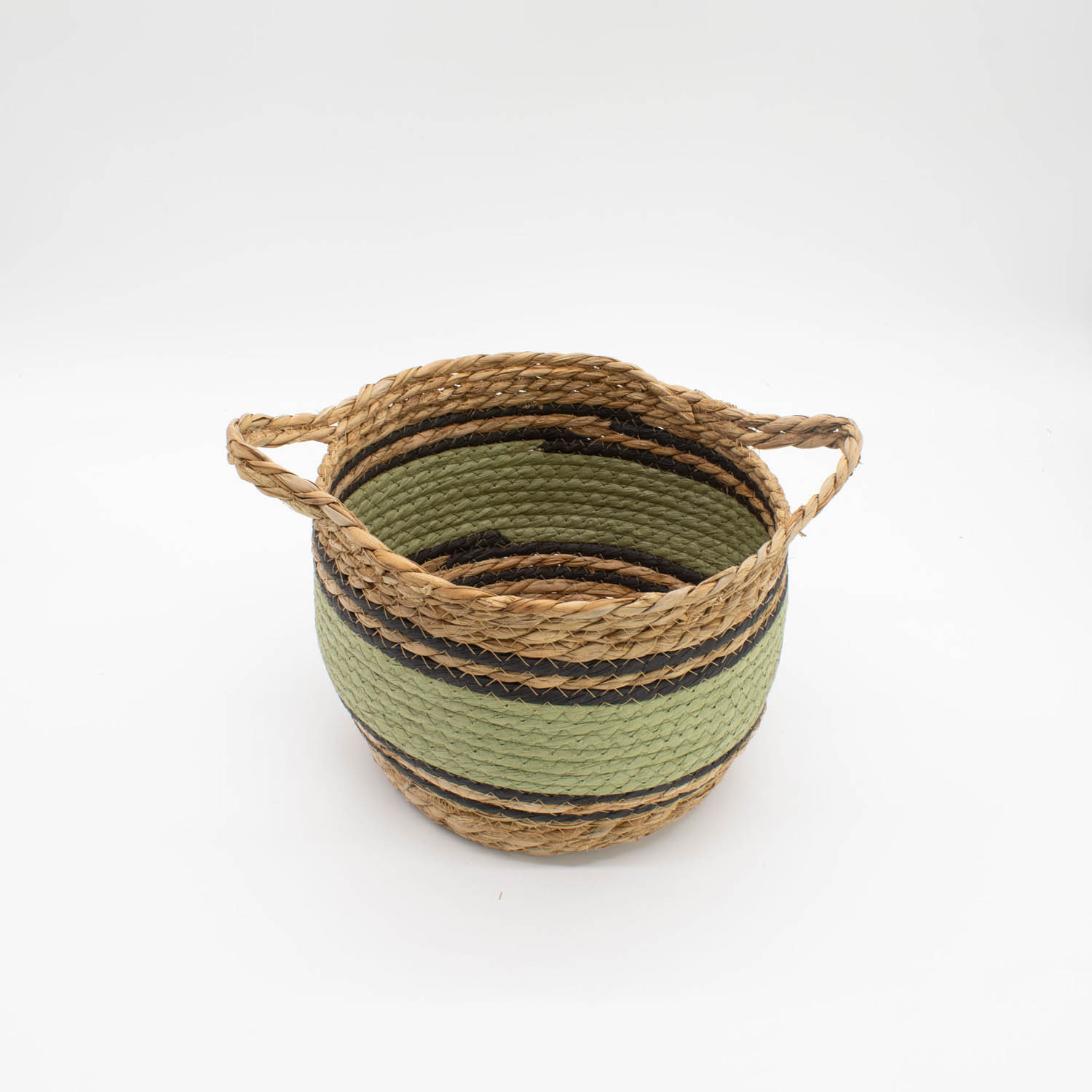 Set of 3 Green & Black Striped Cotton & Seagrass Storage Baskets4