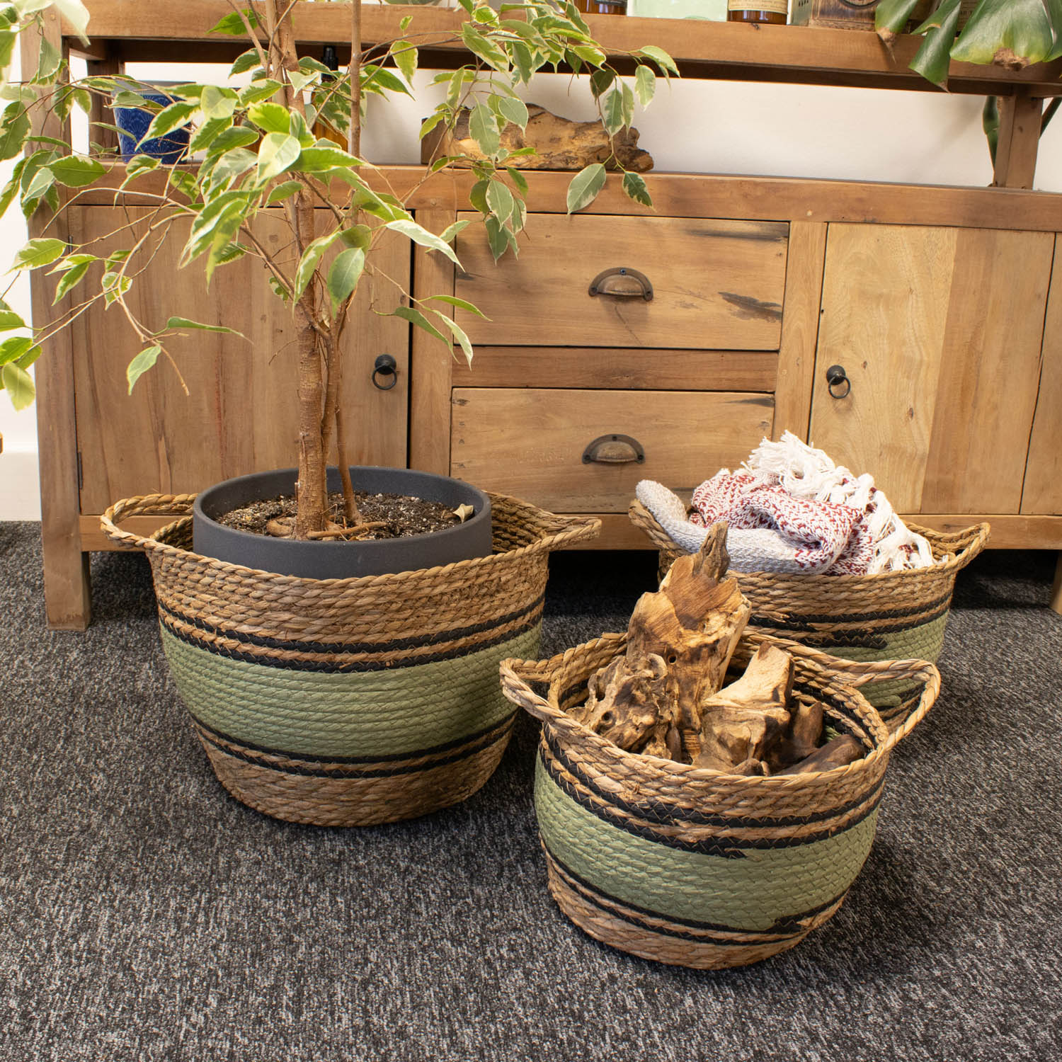 Set of 3 Green & Black Striped Cotton & Seagrass Storage Baskets7