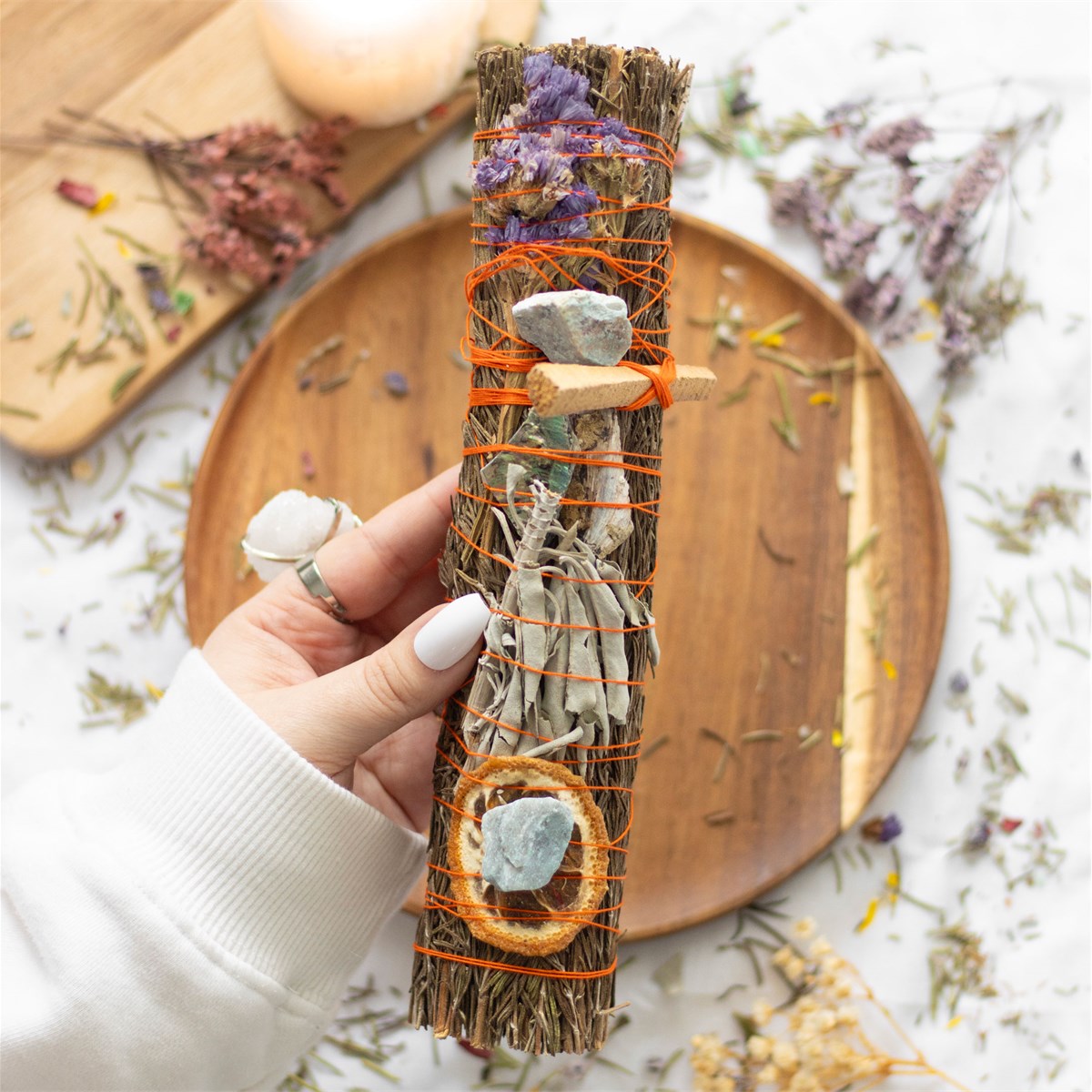 9in Luxury Ritual Wand Smudge Stick: Rosemary, Palo Santo & Aventurine4