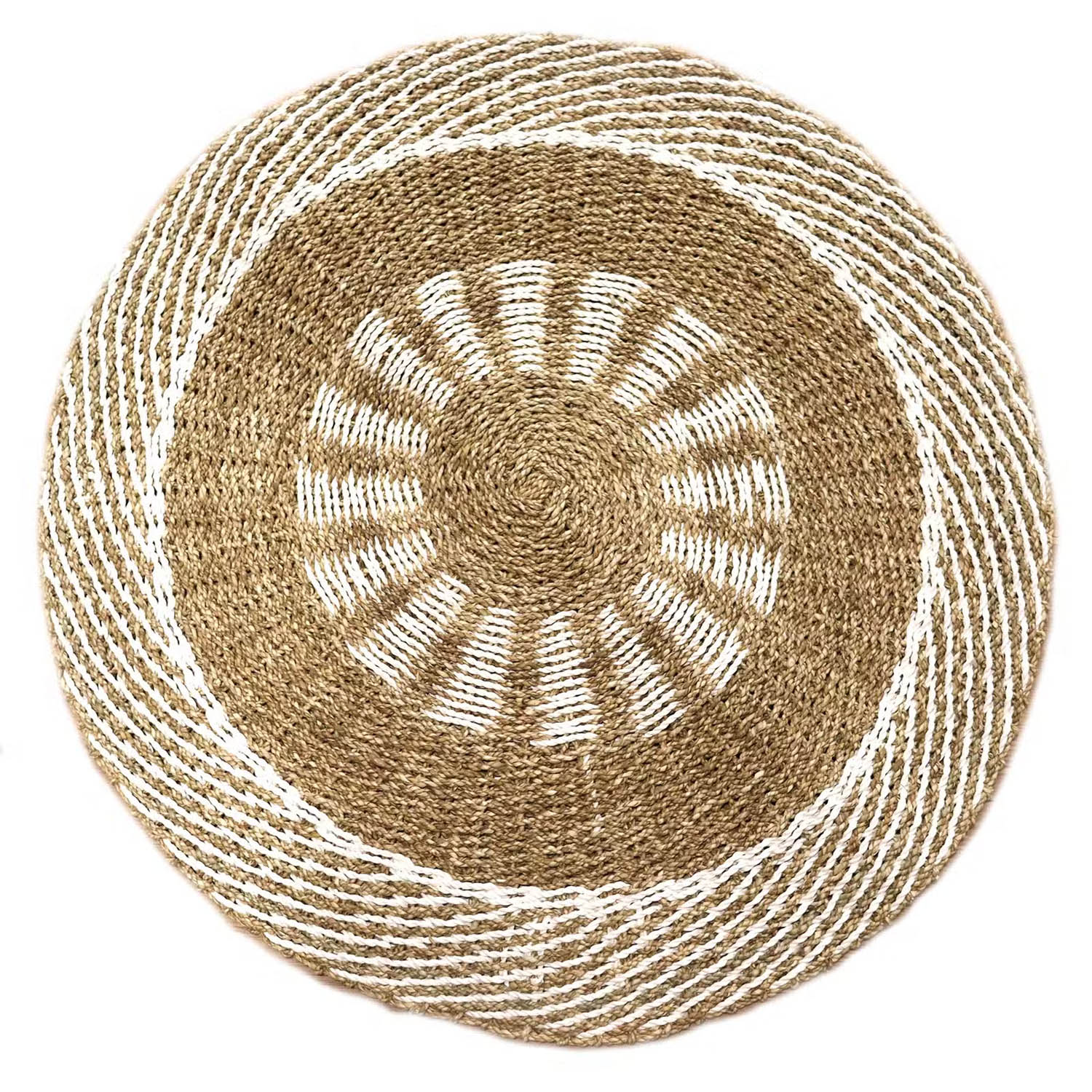 1m Round Natural Seagrass Rug - White & Tan Inner Sun Design