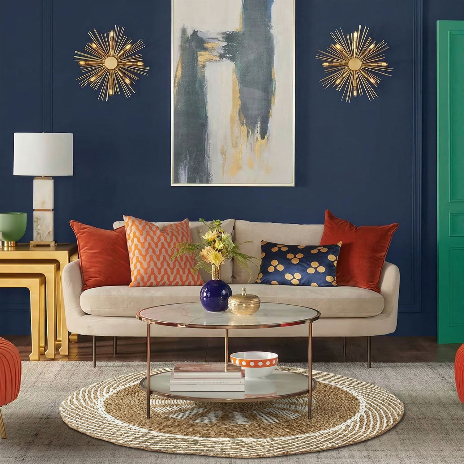 1m Round Natural Seagrass Rug - White & Tan Inner Sun Design3