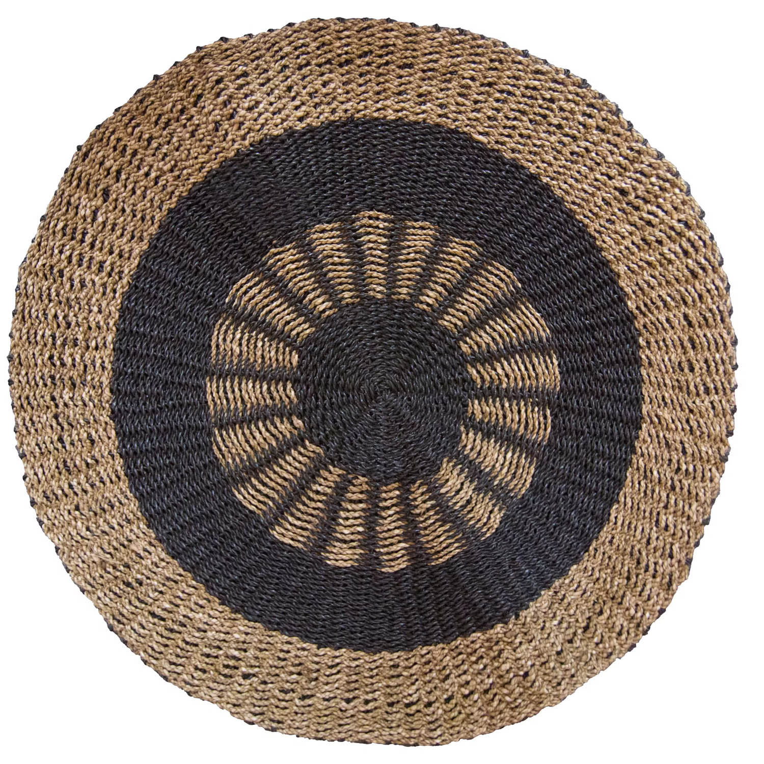 1m Round Natural Seagrass Rug - Black & Tan Inner Sun Design