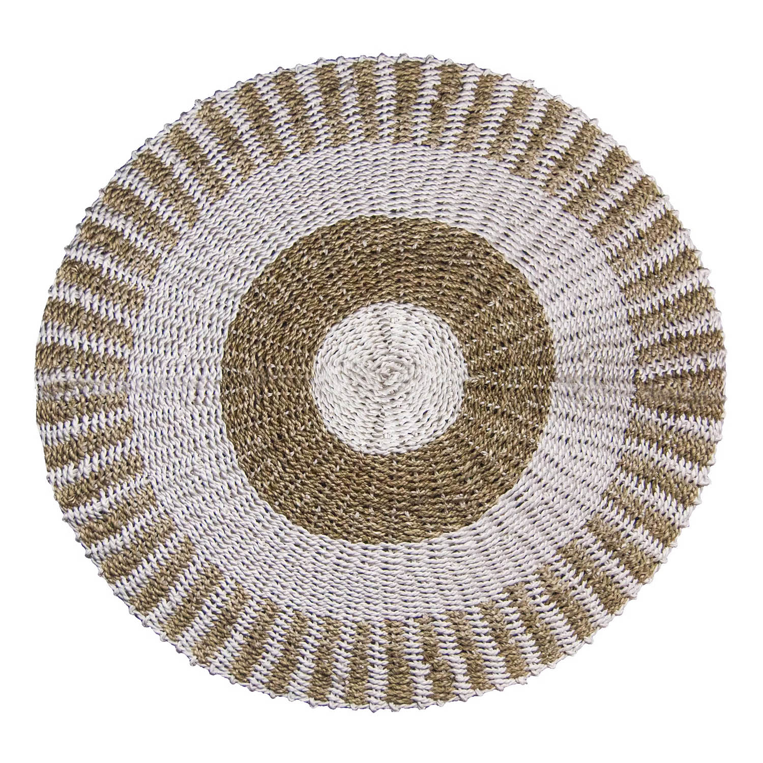 1m Round Natural Seagrass Rug - White & Tan Sun Design