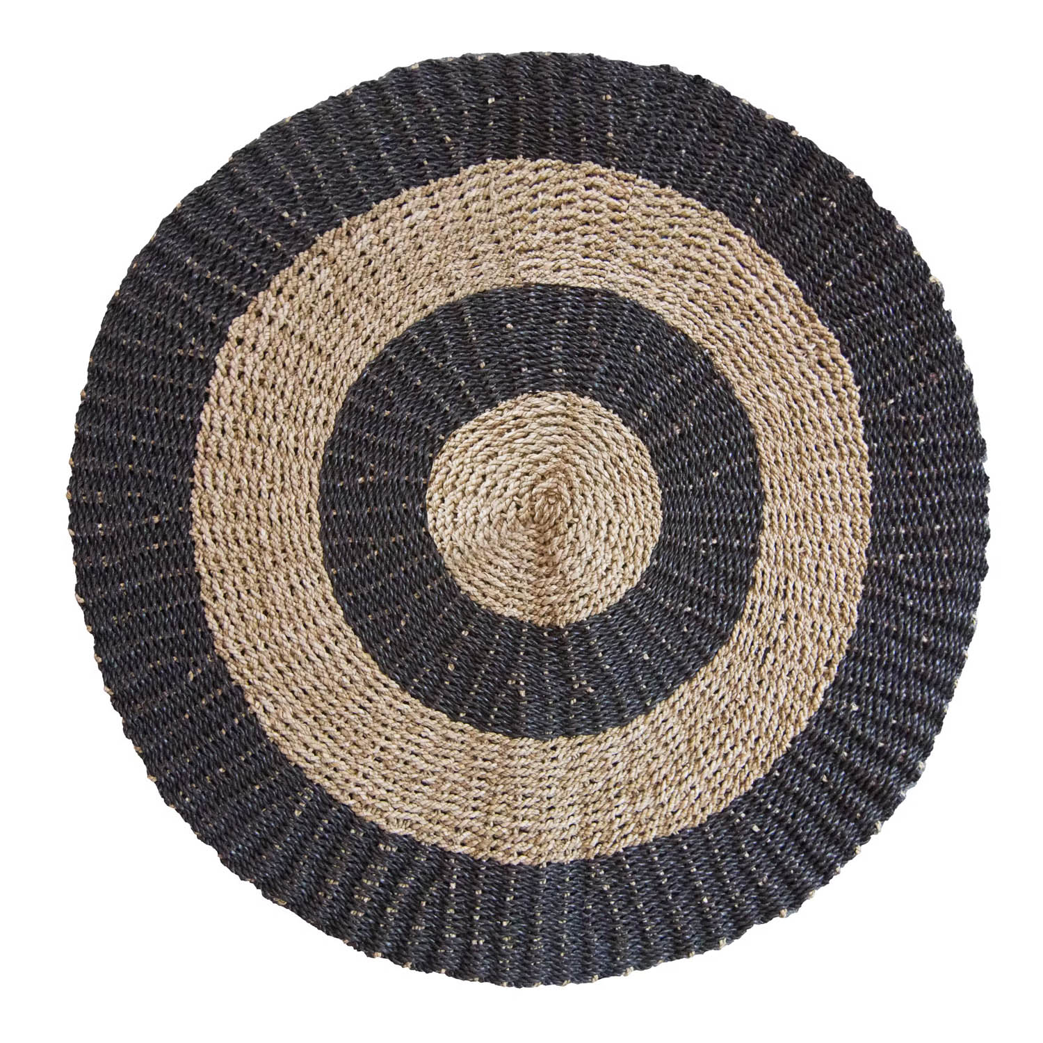 1m Round Natural Seagrass Rug - Black & Tan Circles Design