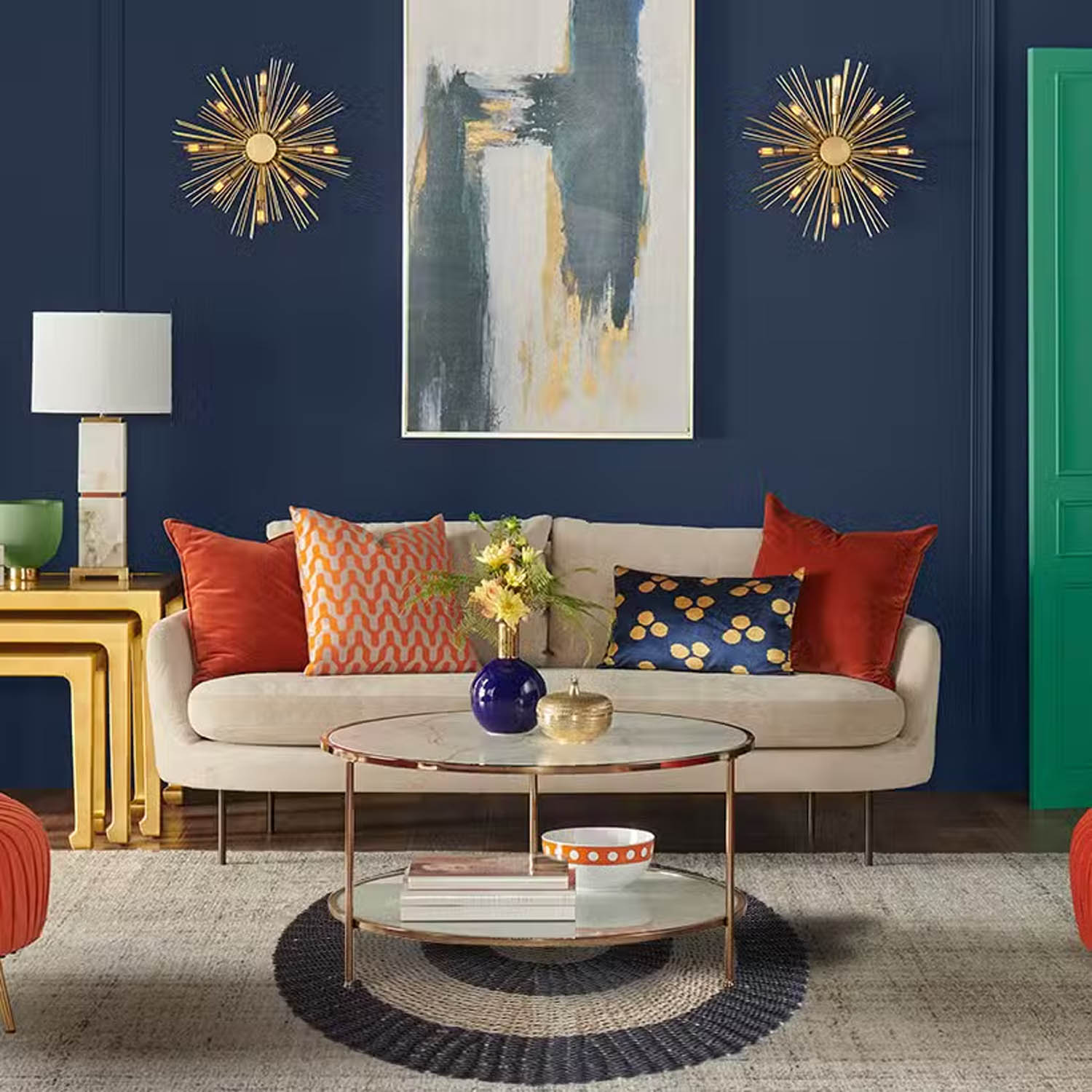 1m Round Natural Seagrass Rug - Black & Tan Circles Design3