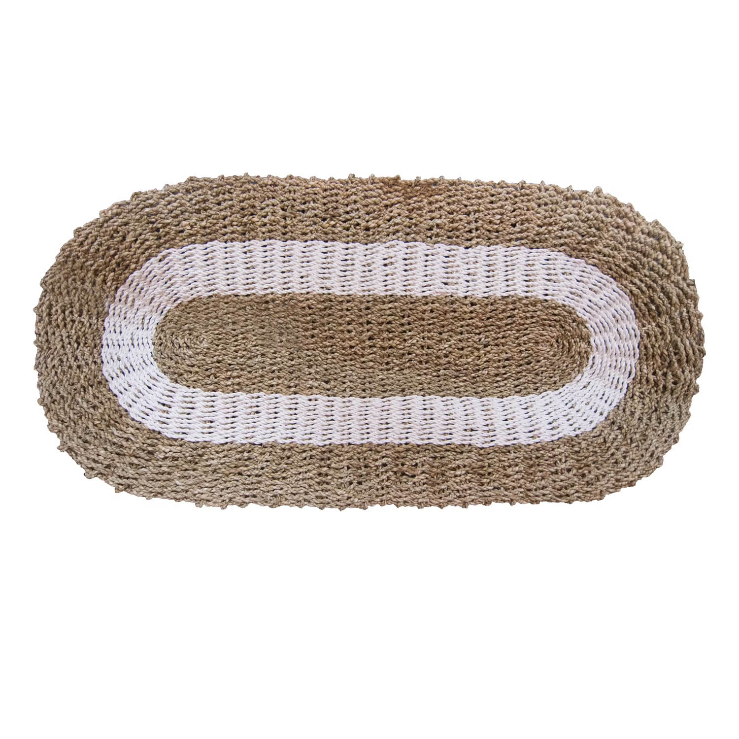 60x120cm Oval Natural Seagrass Rug - White & Tan Classic Design