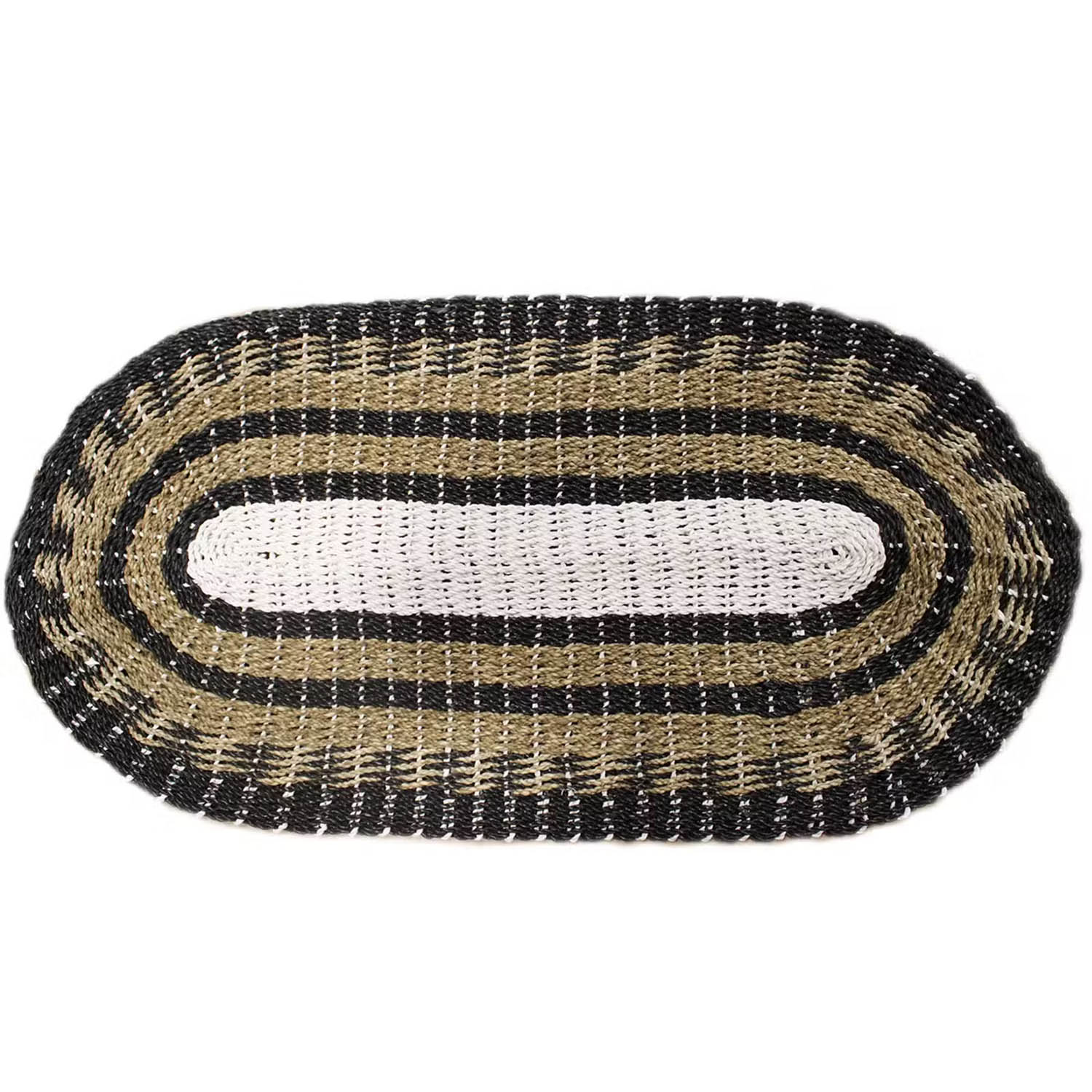 60x120cm Oval Natural Seagrass Rug - Black, White & Tan Classic Design
