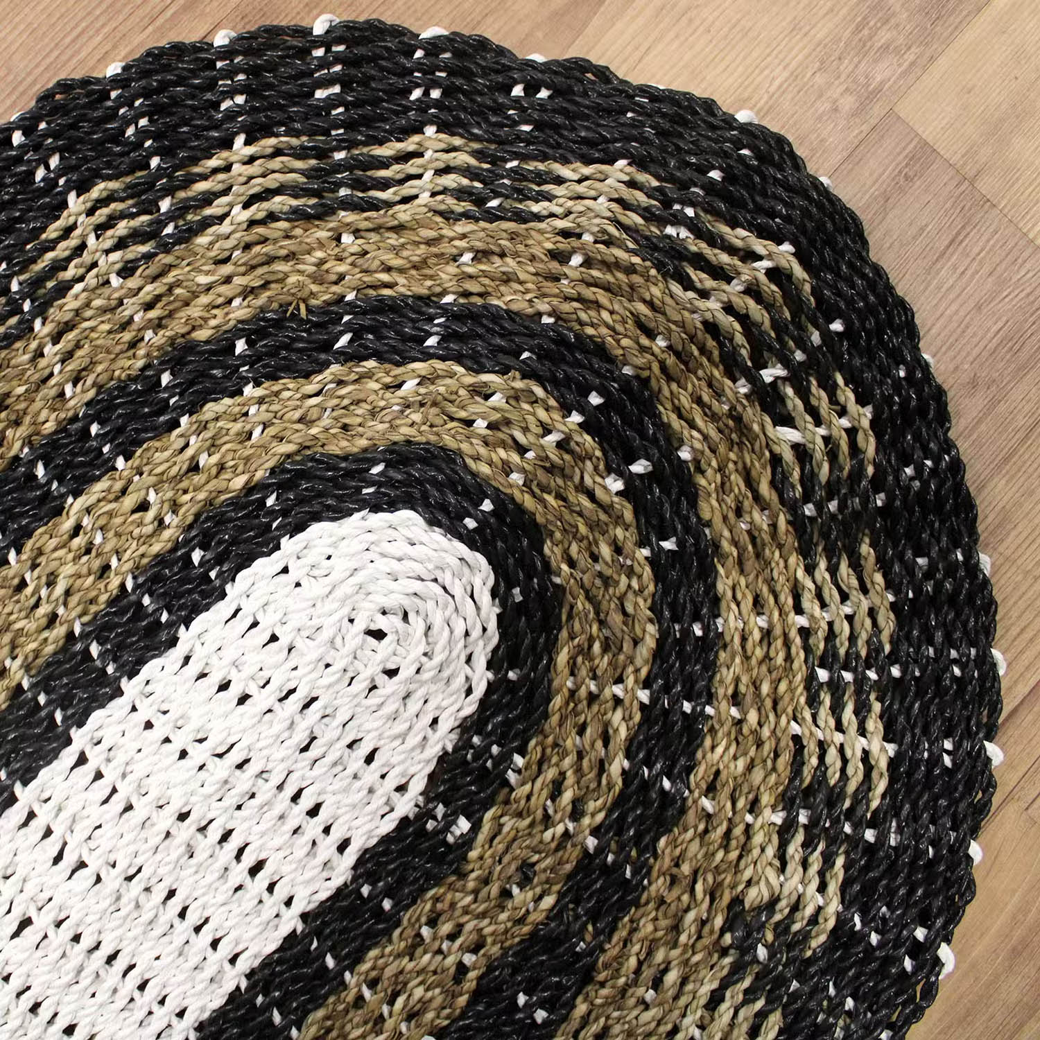 60x120cm Oval Natural Seagrass Rug - Black, White & Tan Classic Design1