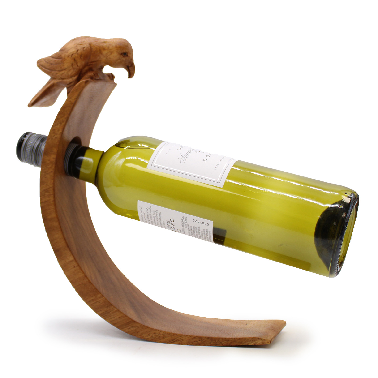 Hand-Carved Suar Wood Balancing Wine Bottle Holder - Bird Design