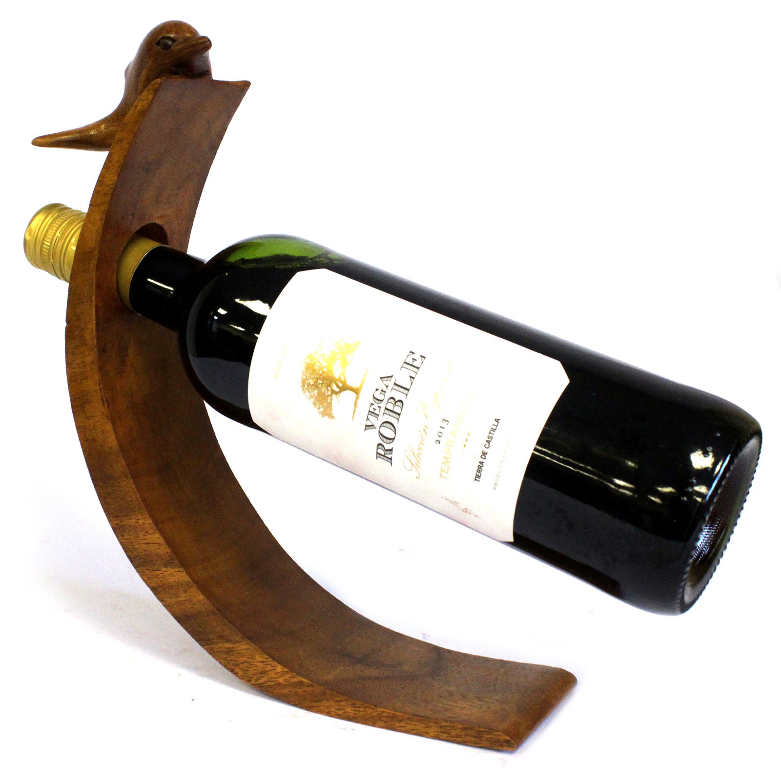 Hand-Carved Suar Wood Balancing Wine Bottle Holder - Dolphin Design