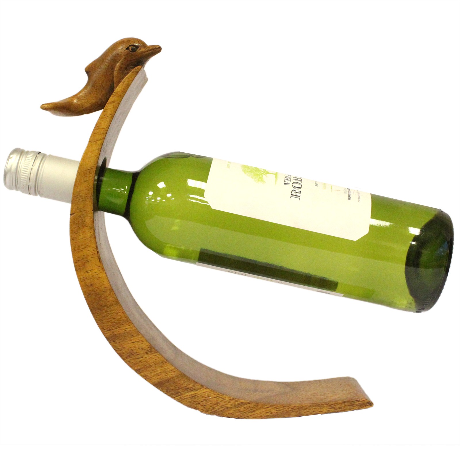 Hand-Carved Suar Wood Balancing Wine Bottle Holder - Dolphin Design2